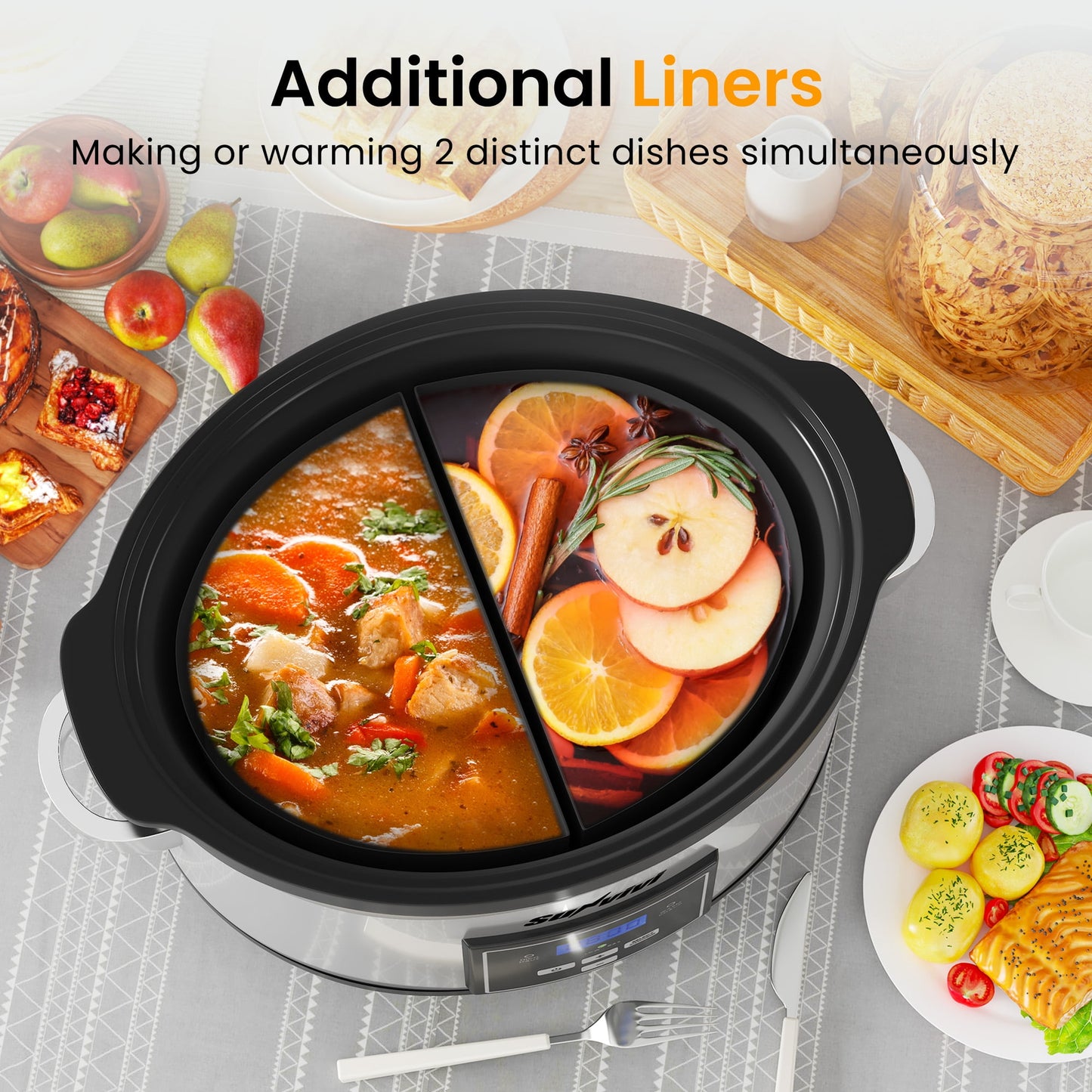Heynemo 6 Qt Programmable Slow Cooker with 2-in-1 Silicone Liners and Digital Timer - Silver