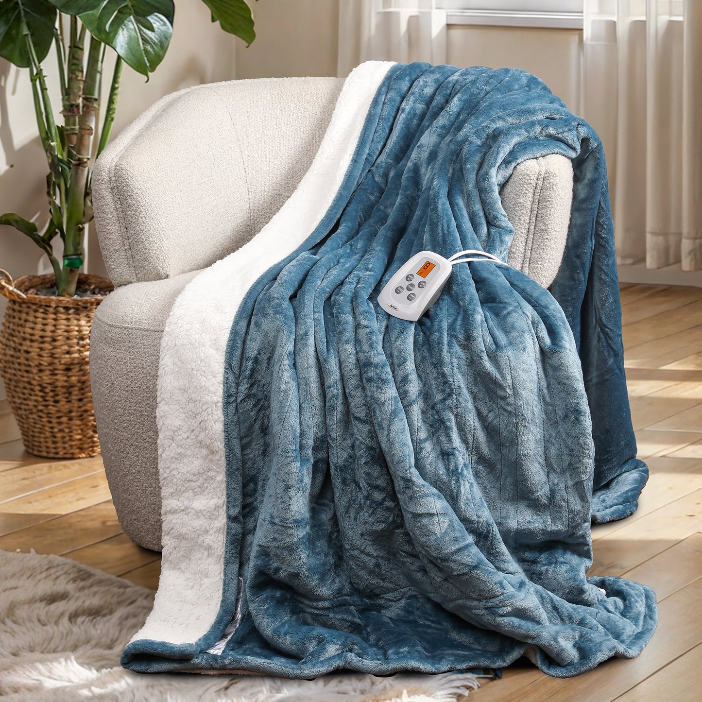 SUNVIVI Electric Heated Blanket, 84" x 62" Twin Size Electric Blanket with 10 Heating Levels and 12 Hours Auto-Off, Soft Flannel Blanket with ETL Certification,Blue