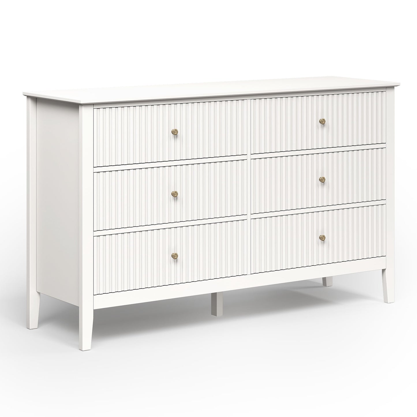 May in Color Fluted 6 Drawer Dresser, Wide Modern Chest of Drawers, Large Wood Storage Cabinet Organizer for Bedroom, Living Room, Hallway, Entryway, White