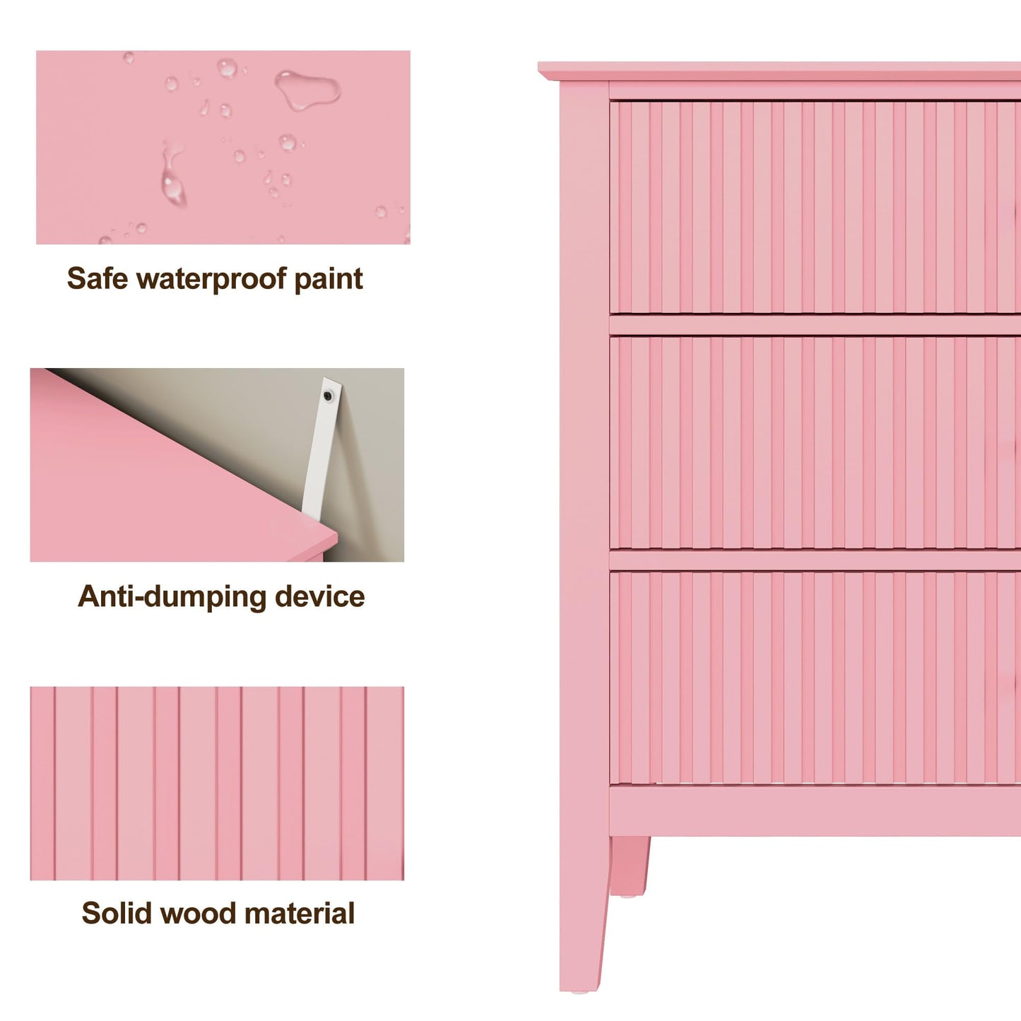 Heynemo Pink 30" Dressers Set of 2, Modern 3-Drawer Wood Nightstands with Ball Bearing Slides, Wide Storage Chests for Bedroom, Living Room, Entryway or Office