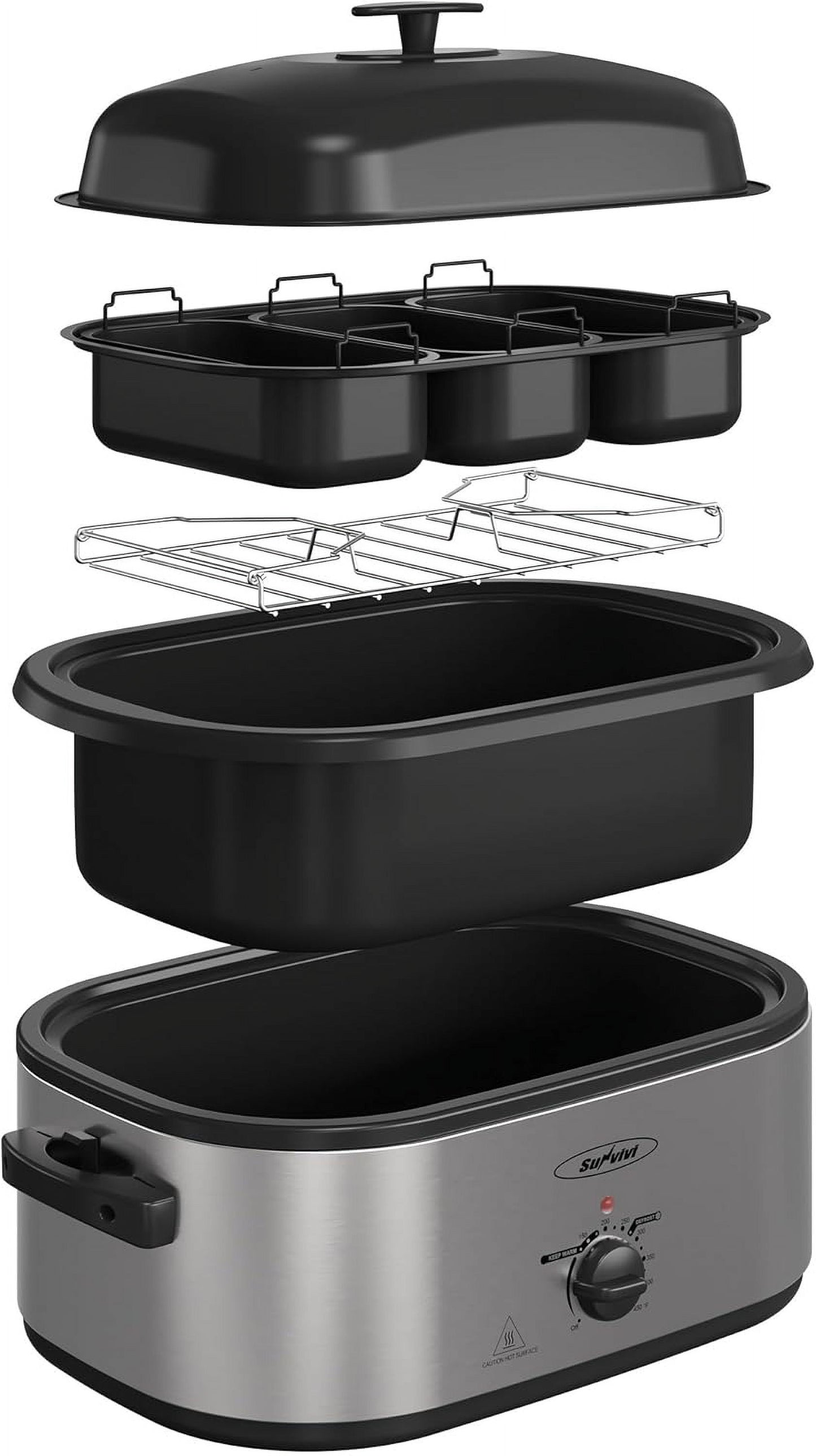 Royalcraft Electric Roaster Oven With 3 Compartments, Self-Basting Lid - 20 Qt, Silver