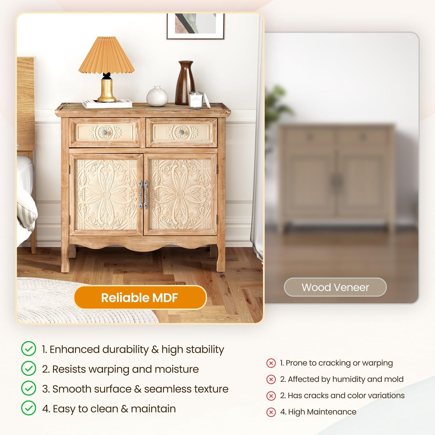 May in Color Sideboard Buffet Cabinet Set of 2, Farmhouse Solid Wood Frame with 2 Drawers and Doors, for Living Room Bedroom Kitchen Entryway, Natural
