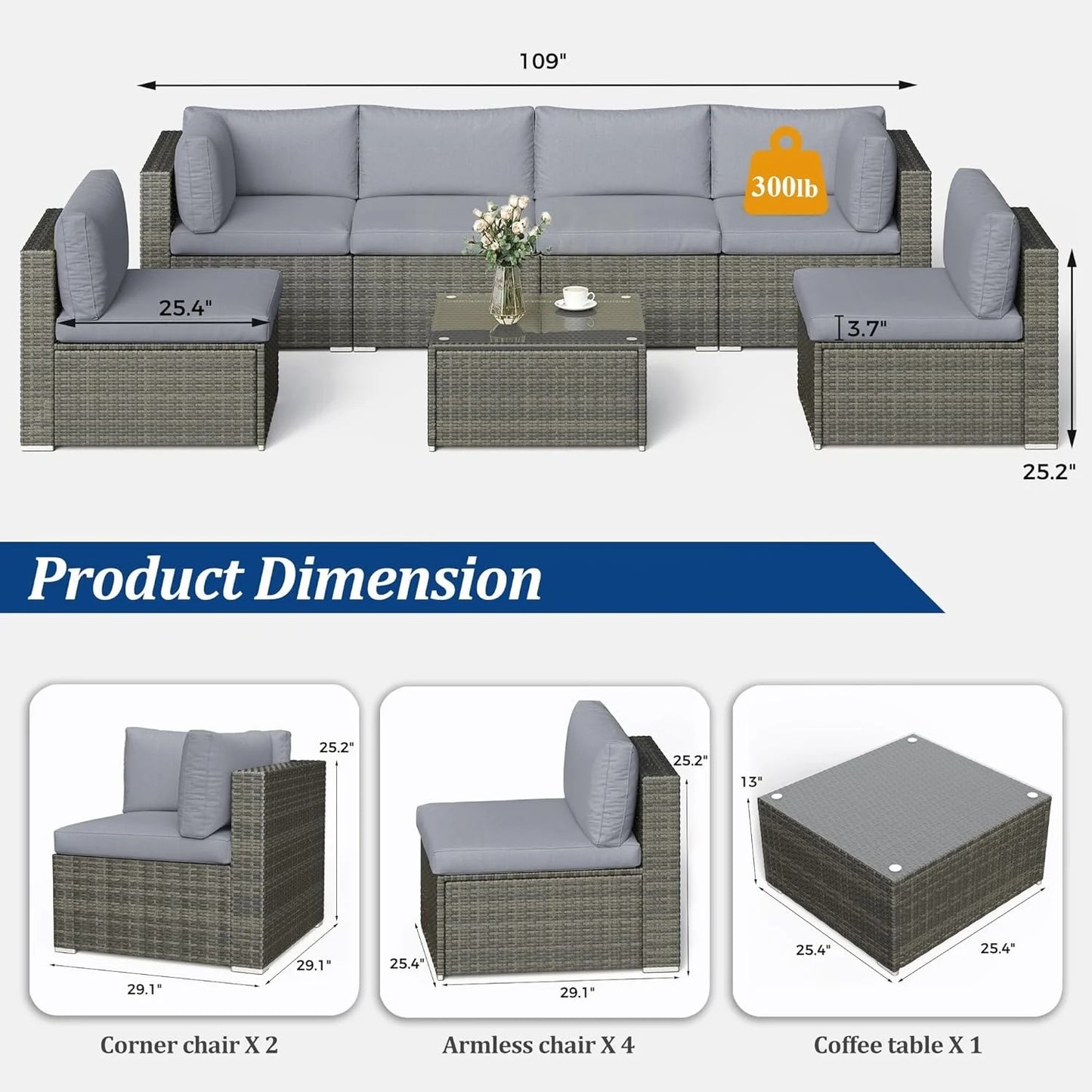 Heynemo Superjoe 7-Piece Modular Patio Furniture Set, Wicker Outdoor Sectional Sofa with Cushions and Coffee Table,Conversation Sets for Porch Balcony Backyard Patio,Grey