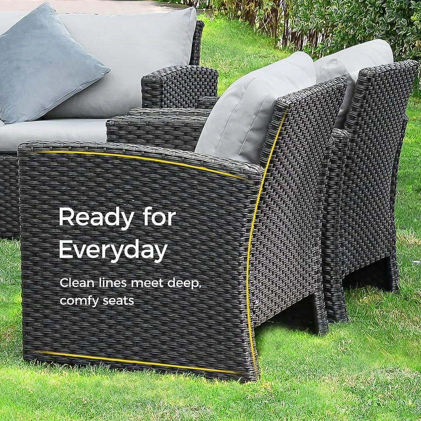 Royalcraft 9 Pieces Patio Furniture Set, All Weather PE Wicker Rattan Outdoor Sectional Sofa with Coffee Table and Navy Blue Cushion, Outdoor Furniture for Lawn Backyard Poolside Porch