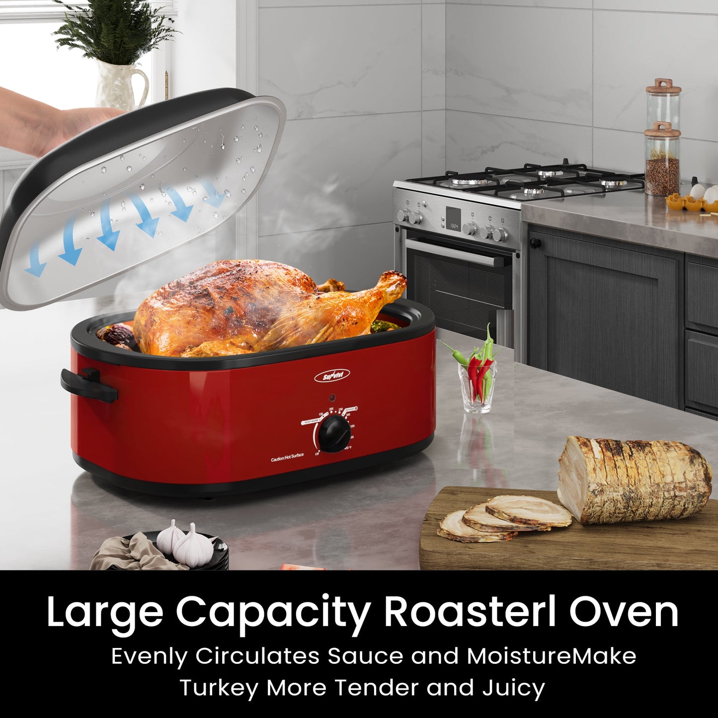Sunvivi Roaster Oven with Self-Basting Lid, 20qt Electric Roaster with Removable Pan & Rack, Turkey Roaster Oven with Defrost & Warm Function, Stainless Steel, Red