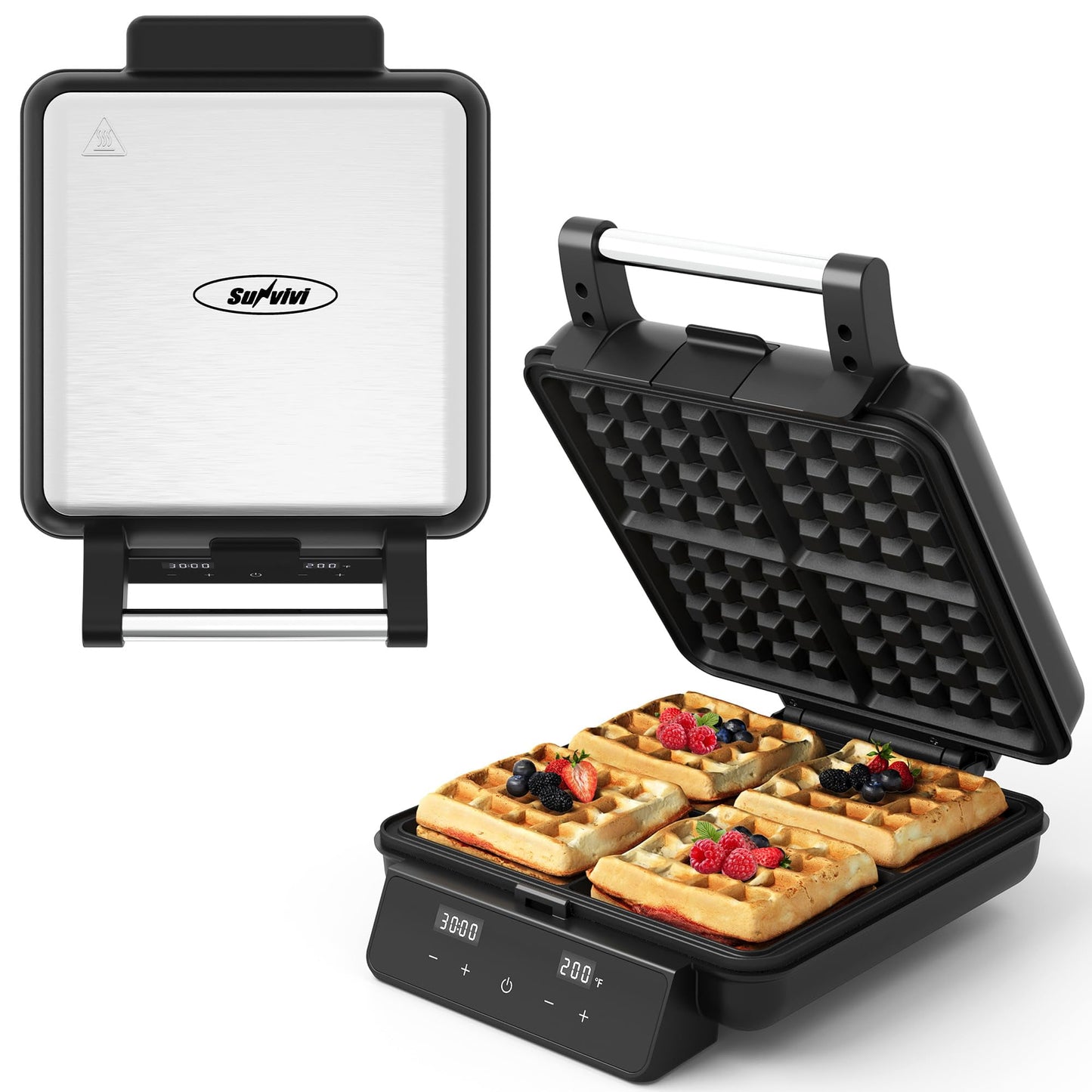 Heynemo 4-Slice Waffle Maker With Nonstick Surface - LCD, Time & Temp Control - Stainless Steel, Silver