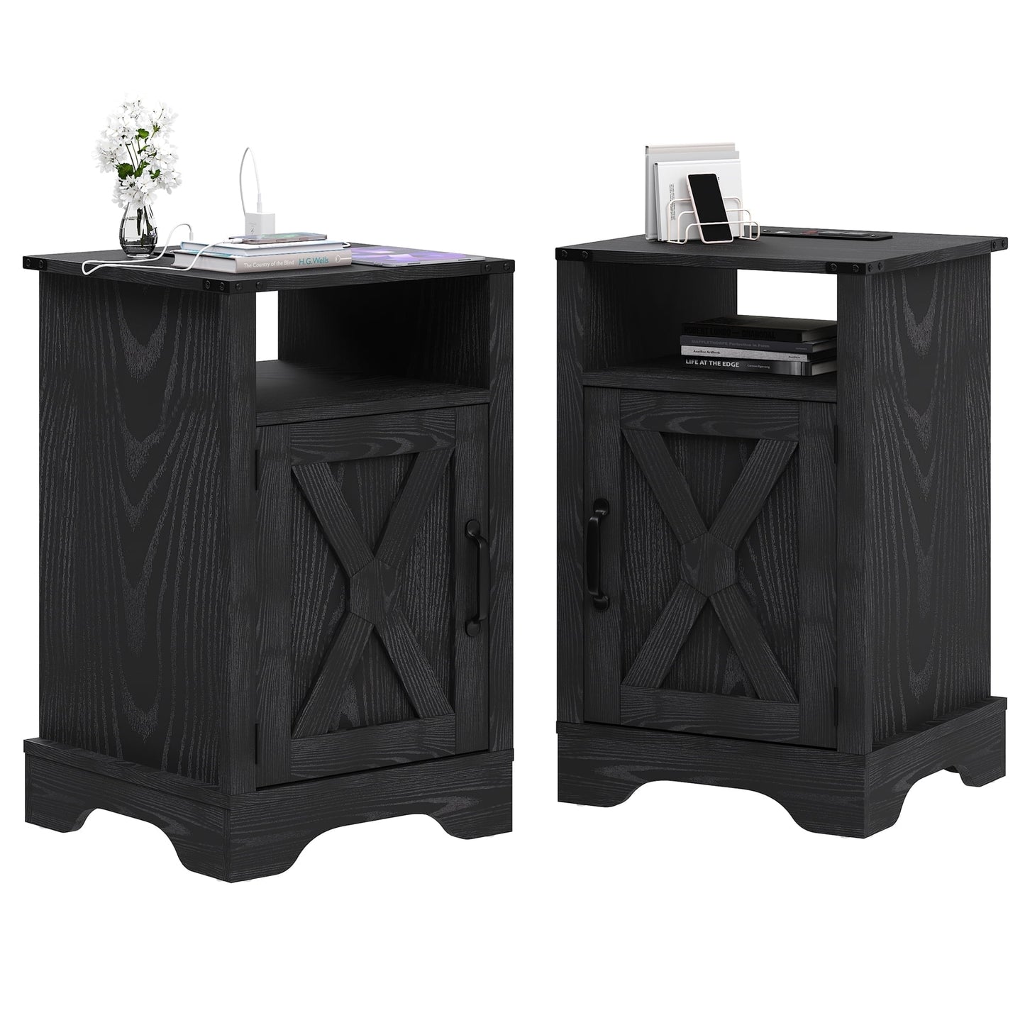 Mayincolor Wooden Farmhouse Nightstand Set of 2 with Charging Station, Rustic End Table with Storage, Black