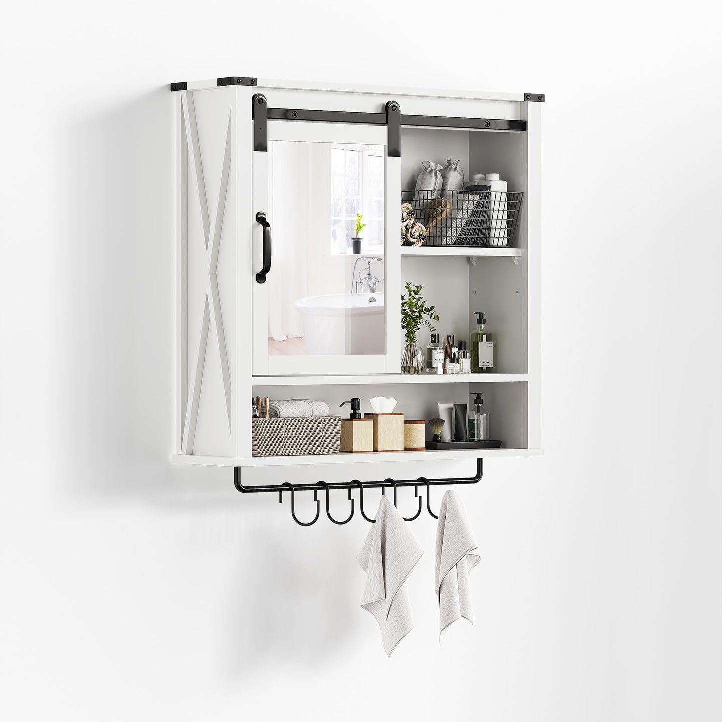 RoyalCraft 28in Bathroom Cabinet Wall Mount with Sliding Mirror Door, Over The Toilet Storage Cabinet, Farmhouse Medicine Cabinet with Shelves and Towel Bar for Living Room, 28" W x 29" H, White