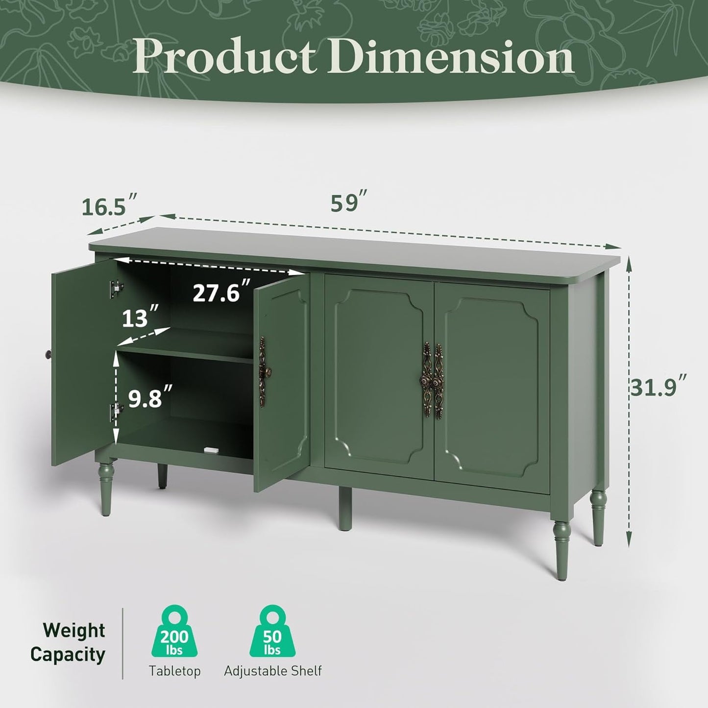 Heynemo Console Cabinet, 58'' Mid Century Modern Buffet Sideboard, with 4 Doors, for Entryway, Living Room, Bedroom, Dining Room (Green)