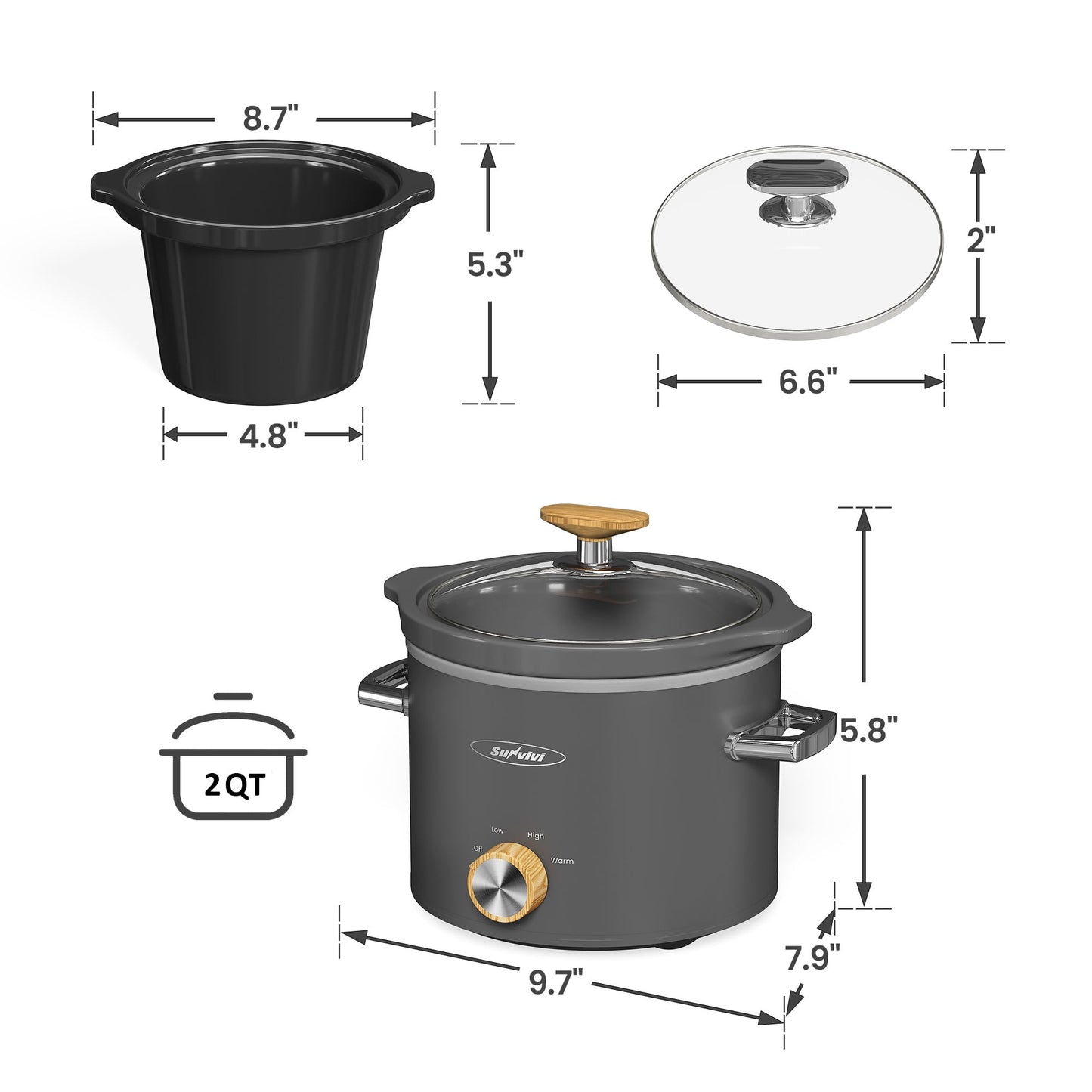 Sunvivi 2 Quart Slow Cooker with Removable Ceramic Pot and 3 Heating Settings, Grey