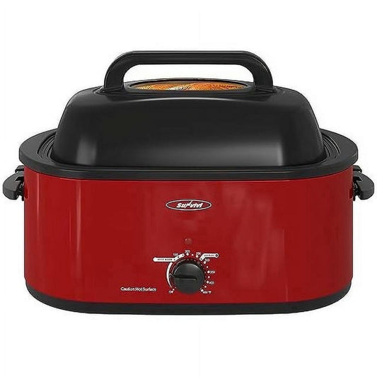 Sunvivi 26QT Electric Turkey Roaster Oven with Visible Glass Lid,Removable Pan & Rack, Stainless Steel,Red