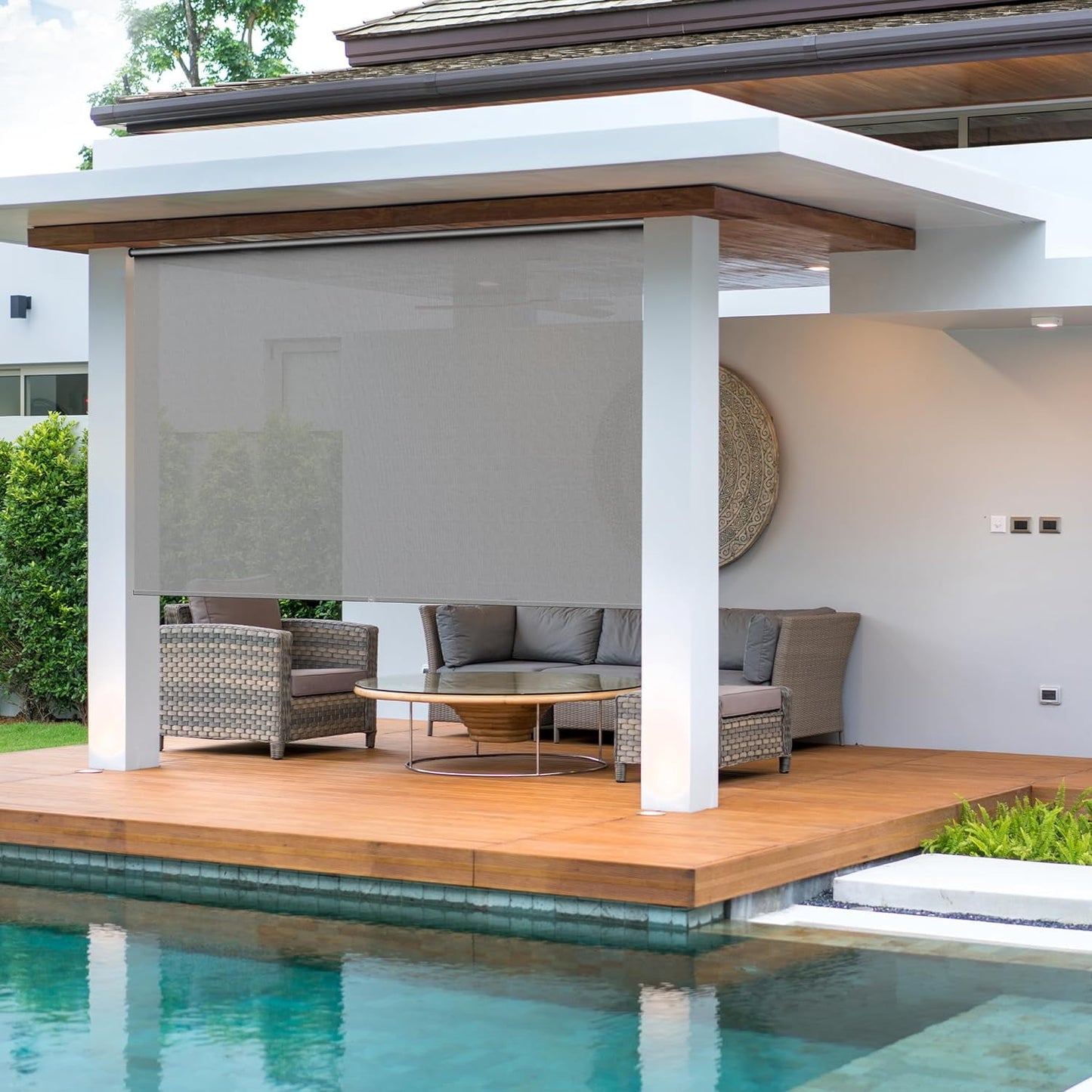 Superjoe Outdoor Roller Shades, 420GSM 95% Blackout Cordless Patio Roller Blinds with Pole, 6'Wx6'H Waterproof Blinds Roll Up for Gazebo Porch, Deck, Pergola, Grey