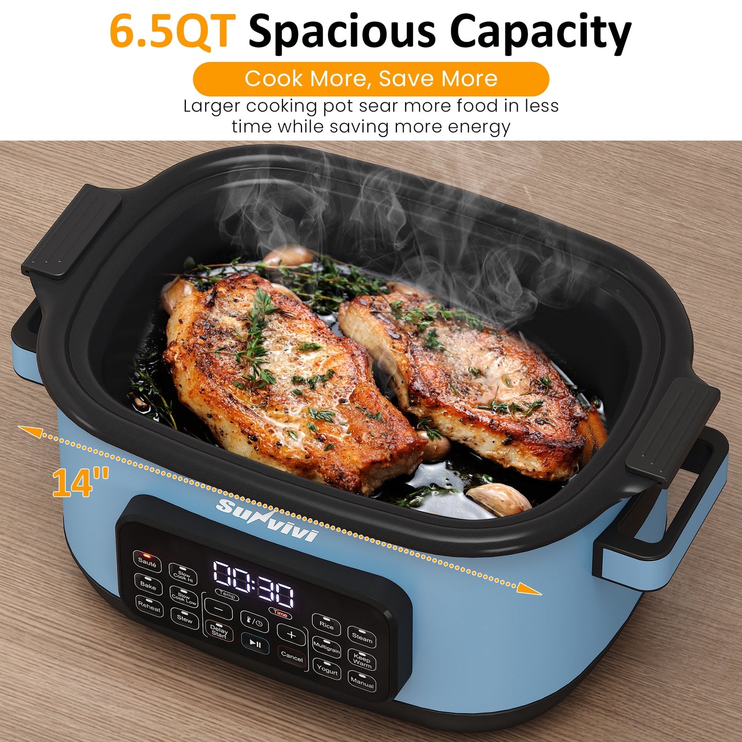 Heynemo 6.5QT Digital Multi Cooker, 12-in-1 Slow Cooker & Roaster with Timer, Temp Control, Delay Start, Nonstick Pot, Blue