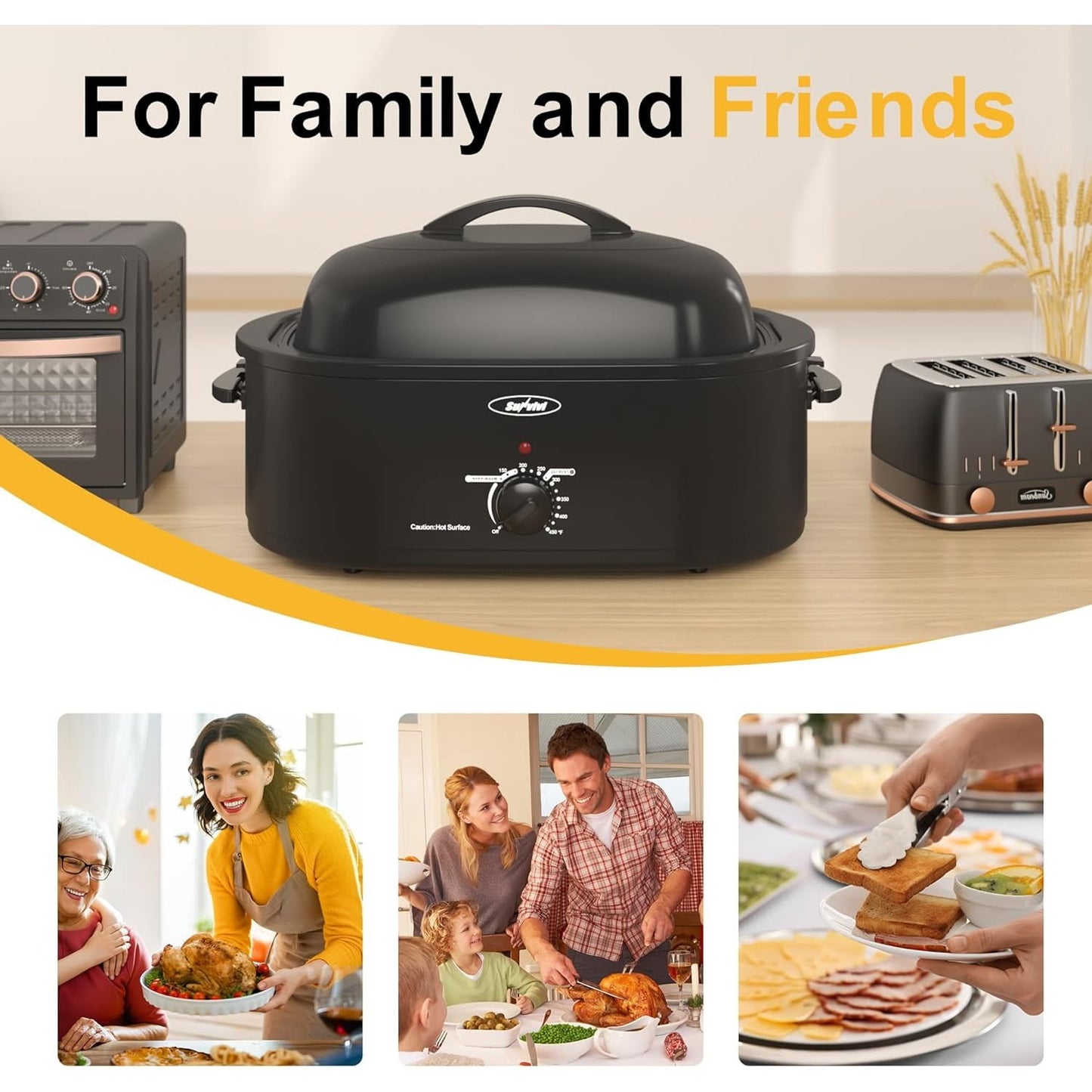 Superjoe Oven with Self-Basting Lid,20 Quart Electric Roaster with Removable Pan & Rack,150-450???¡ãF Full-Range Temperature Control with Defrost/Warm Function,Stainless Steel,Black