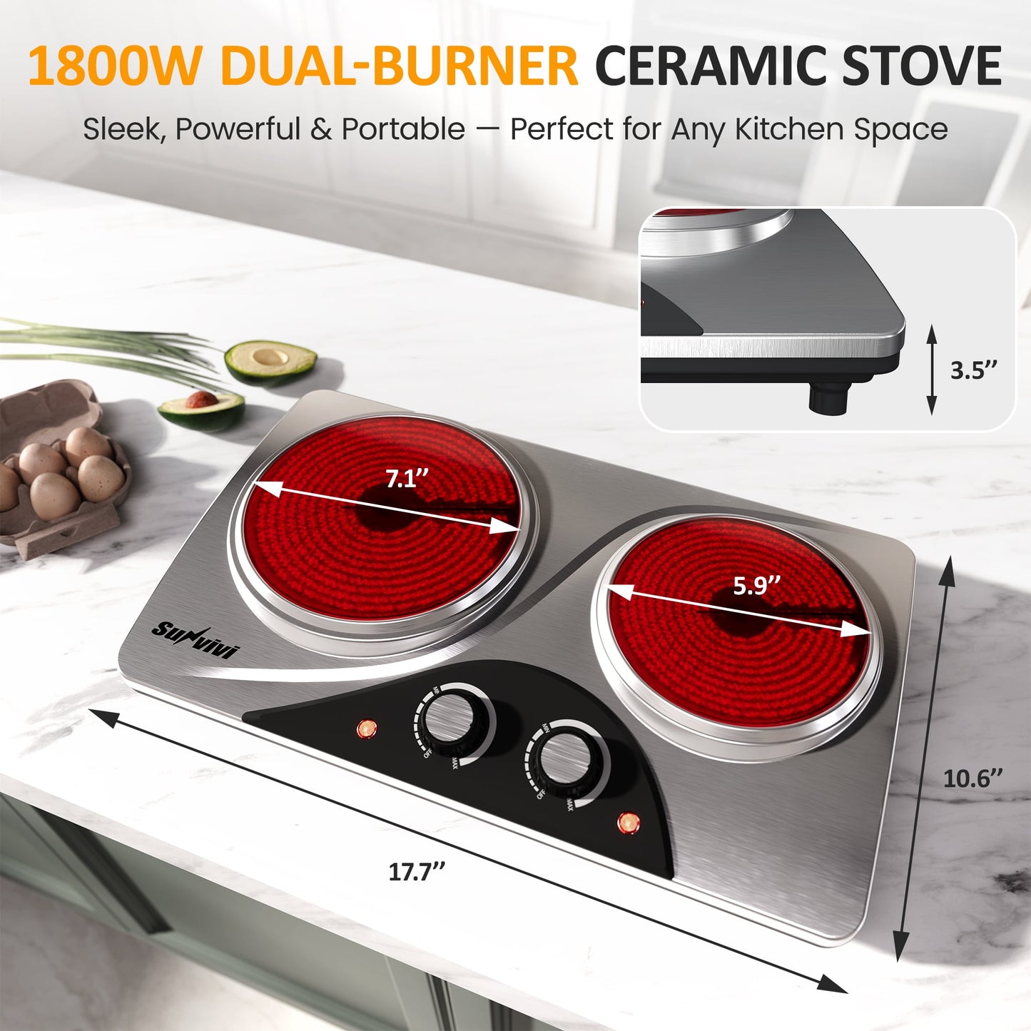 Sunvivi Dual 1800W Burner Electric Ceramic Stove - Knob Control, Indicator Light - Silver