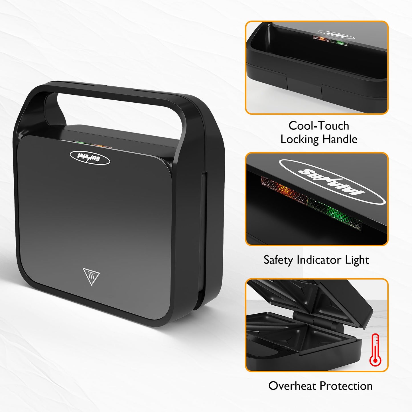 Sunvivi 3 in 1 Electric Sandwich Maker with Removable Non-Stick Plates, Indicator Lights & Cool Touch Handle, 750W, Black