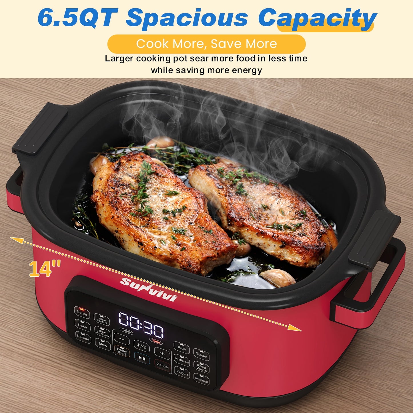 Heynemo 12-in-1 Digital Programmable Slow Cooker, 6.5 QT Large Multicooker, Multi-Cooker with Timer, Temp Control, Red