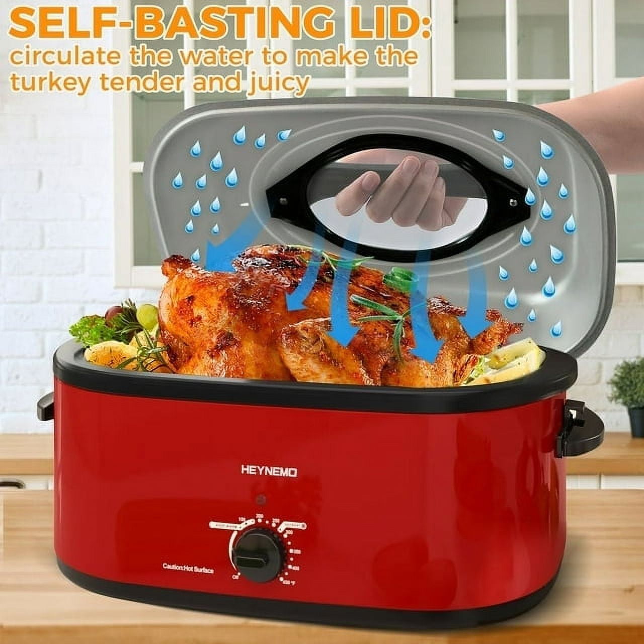 24 Quart Electric Roaster Oven, Stainless Steel Buffet Turkey Roaster Oven with Self-Basting Lid Removable Pan, Red