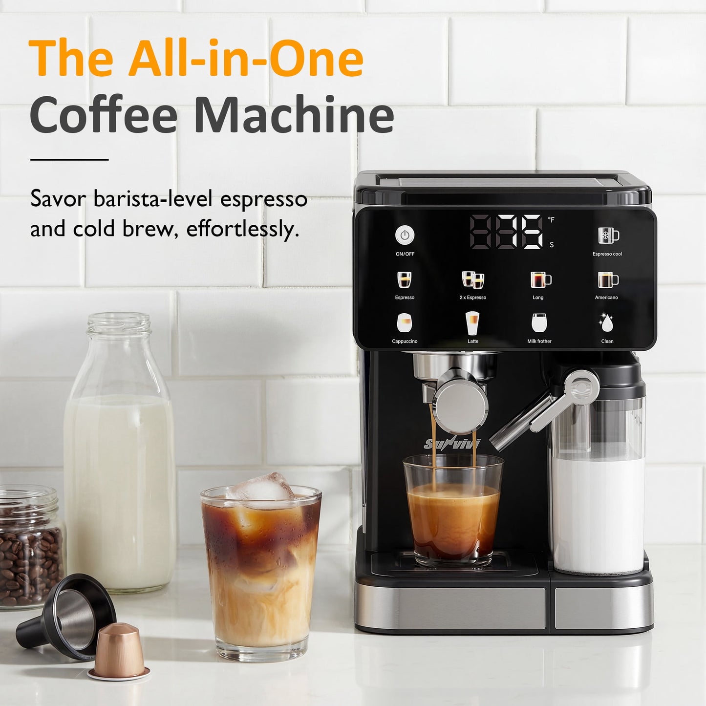 Heynemo All-in-One Coffee Maker with Cold Brew, Espresso & Latte Machine, Dual Brew Grounds/Capsules, LED Touch, Black