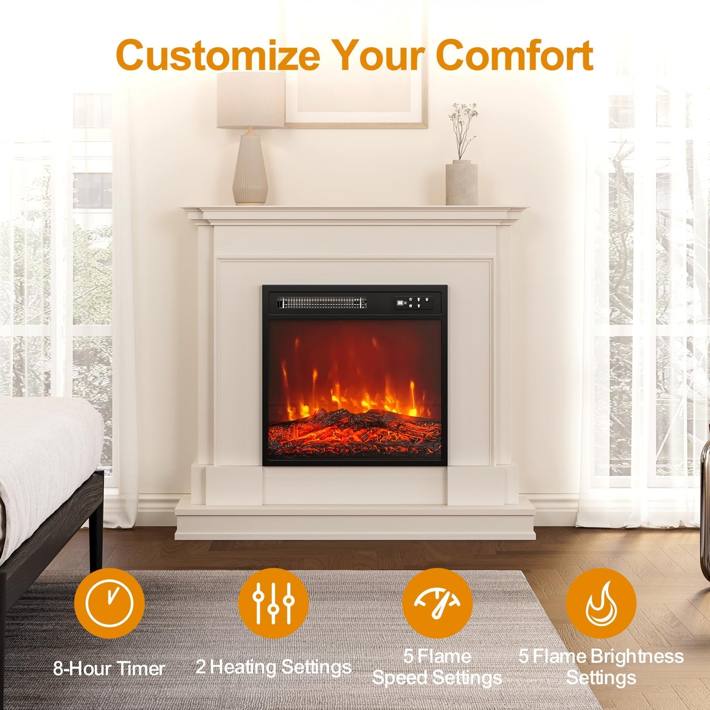 Mayincolor 18" Electric Fireplace Insert, Recessed Fireplace Heater with Remote Control, Small Heater with Low Noise, Adjustable Temperature, 8H Timer, Adjustable Flame Brightness, 110V/1500W, Black