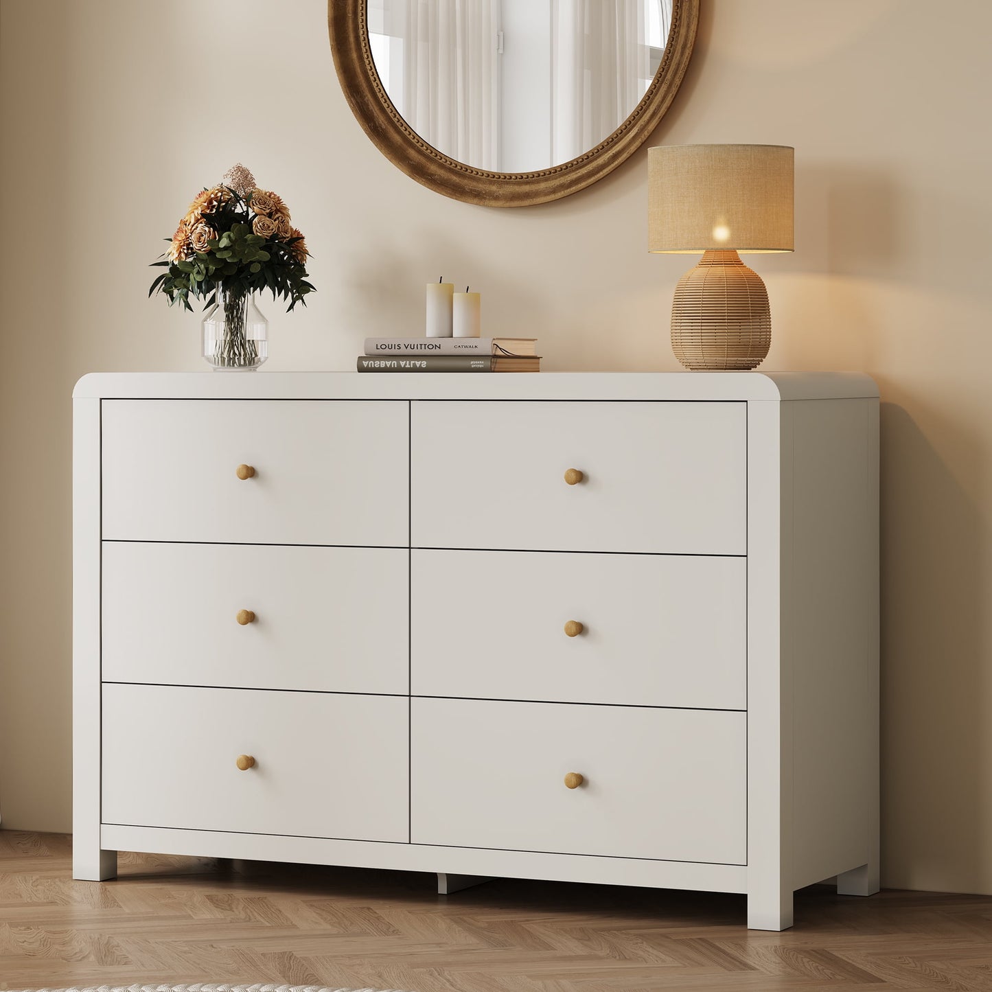 May in Color Modern 6-Drawer Chest of Drawers, with Rounded Corners, White, 47 in