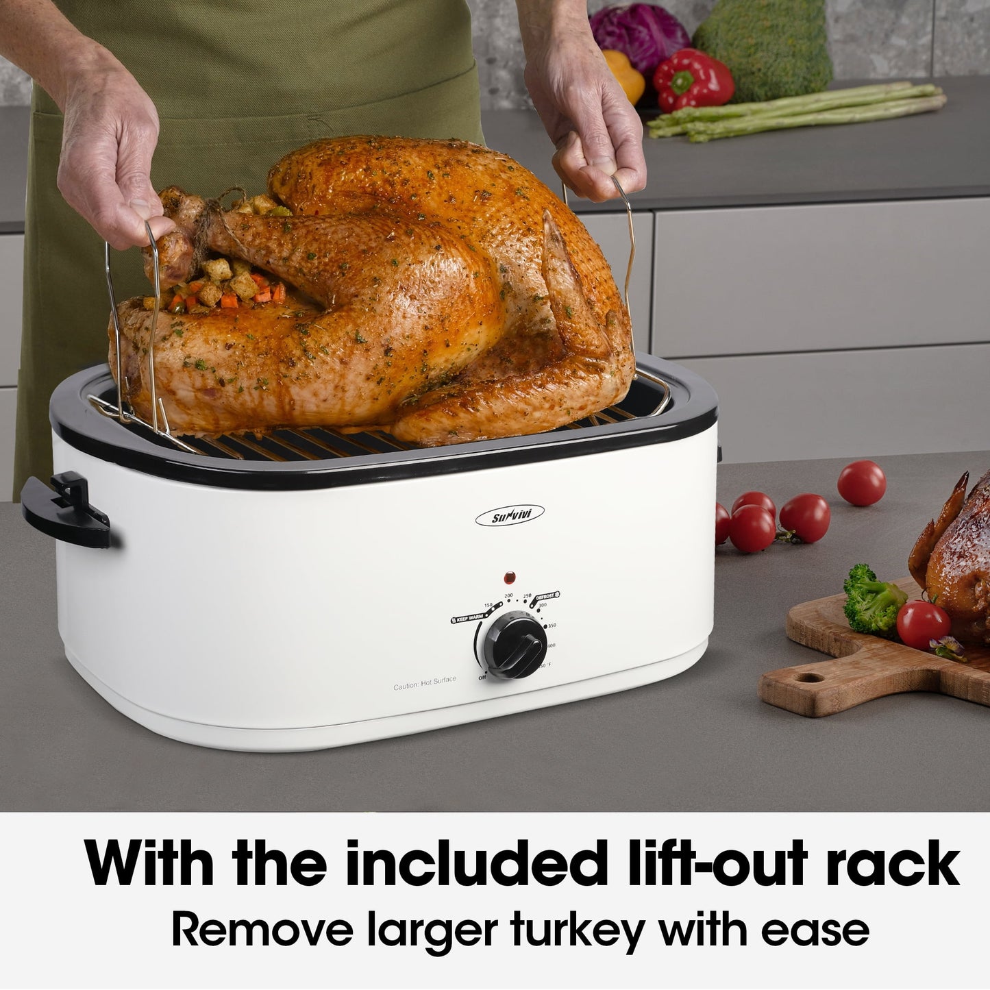 RoyalCraft 22 Quart Electric Roaster Oven with Visible & Self-Basting Lid, Stainless Steel, White