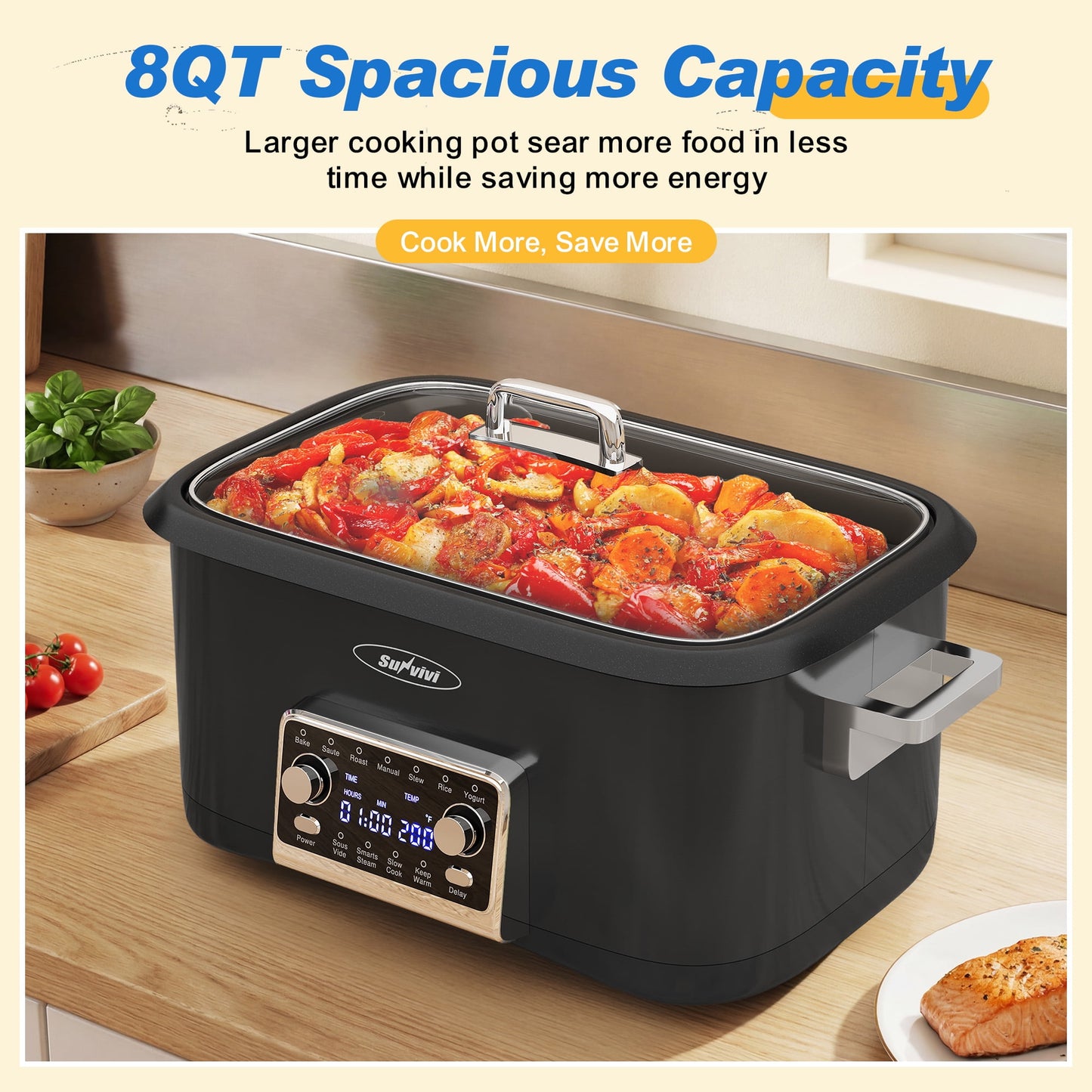 Sunvivi 8-Quart 12-in-1 Programmable Slow Cooker Roaster Oven, Multi-Cooker with Digital Timer, Adjustable Temperature, Removable Non-Stick Pot & Dishwasher-Safe Glass Lid, Black