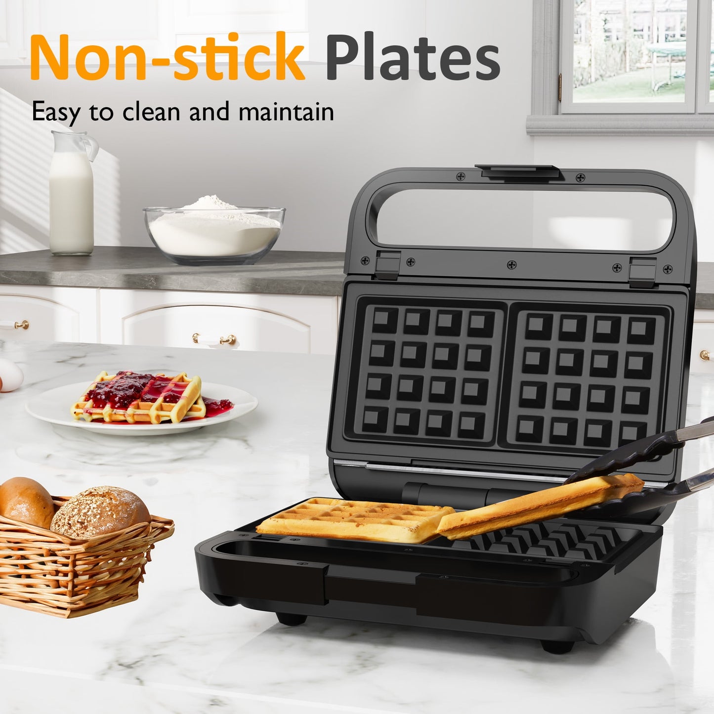 Heynemo Versatile 3-in-1 Waffle Maker & Panini Press, 850W Electric Sandwich Maker with Removable Non-Stick Plates, Tempered Glass Lid, Cool Touch Handle & Easy Cleanup