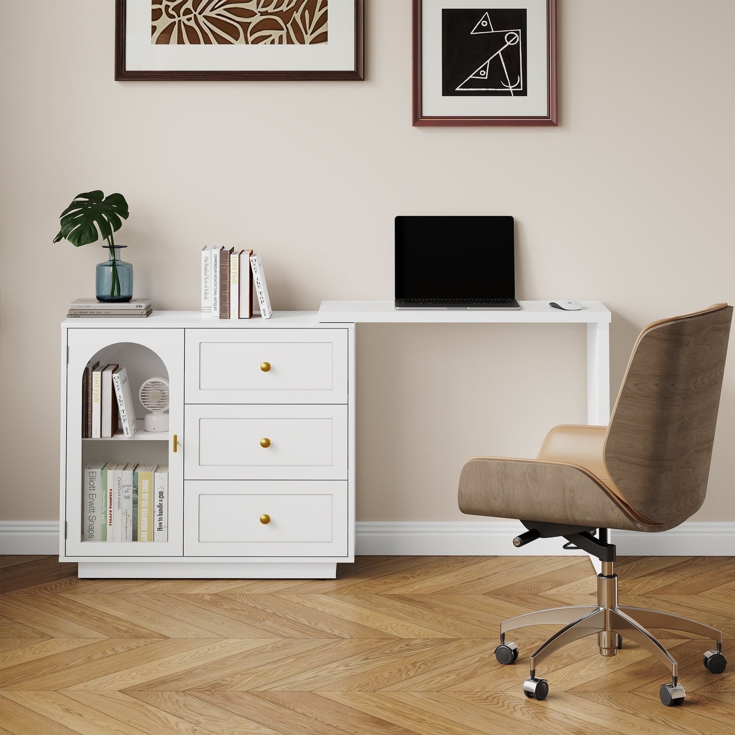 Heynemo Makeup Vanity Desk, Extendable Corner Vanity Makeup Table with 3 Drawers & 1 Door, Modern Dressing Table for Bedroom, Vanities for Women/Girls Bedroom (without Mirror)