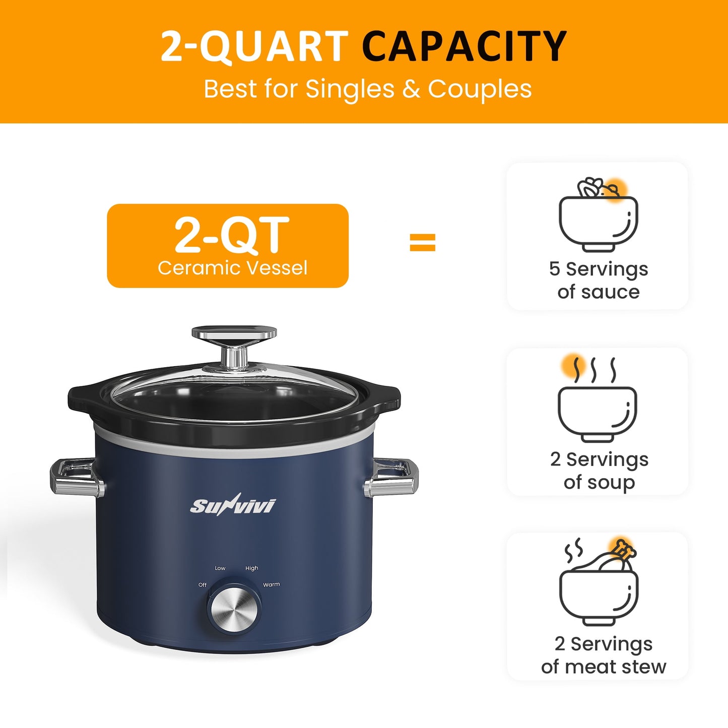 Sunvivi 2QT Small Slow Cooker with Removable Ceramic Pot, 3 Heating Settings - Blue