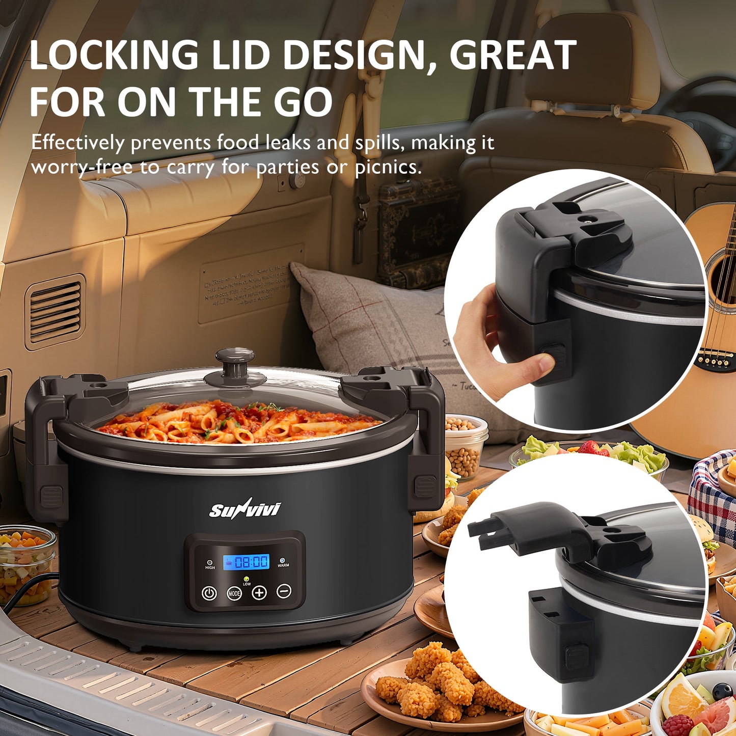 8.5QT Programmable Slow Cooker with Locking Lid, Versatile Food Warmer, Digital Timer, Portable Multi-Cooker with Adjustable Temperature Settings, and Dishwasher Safe Components, Black