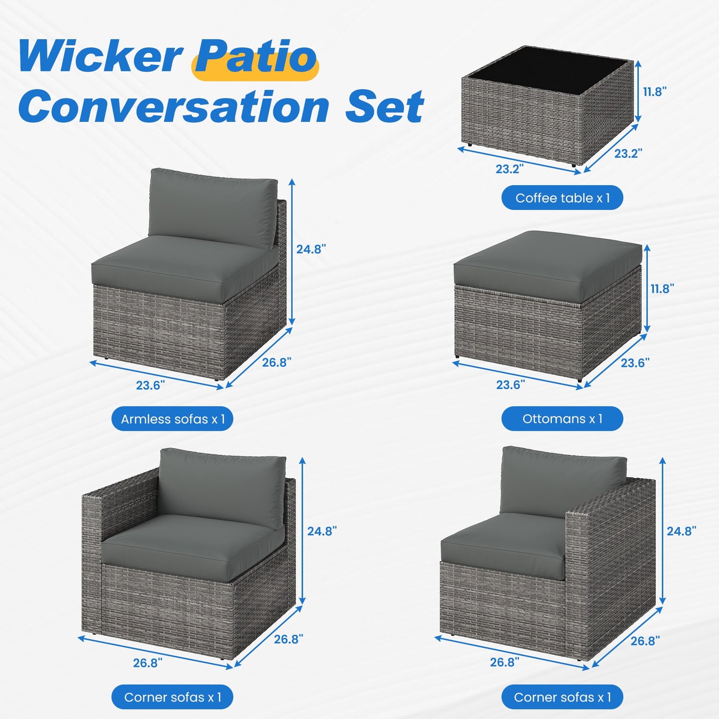 Heynemo 5-Piece Patio Furniture Set with Ottoman and Coffee Table, Outdoor Rattan Furniture Set with Gray Cushions