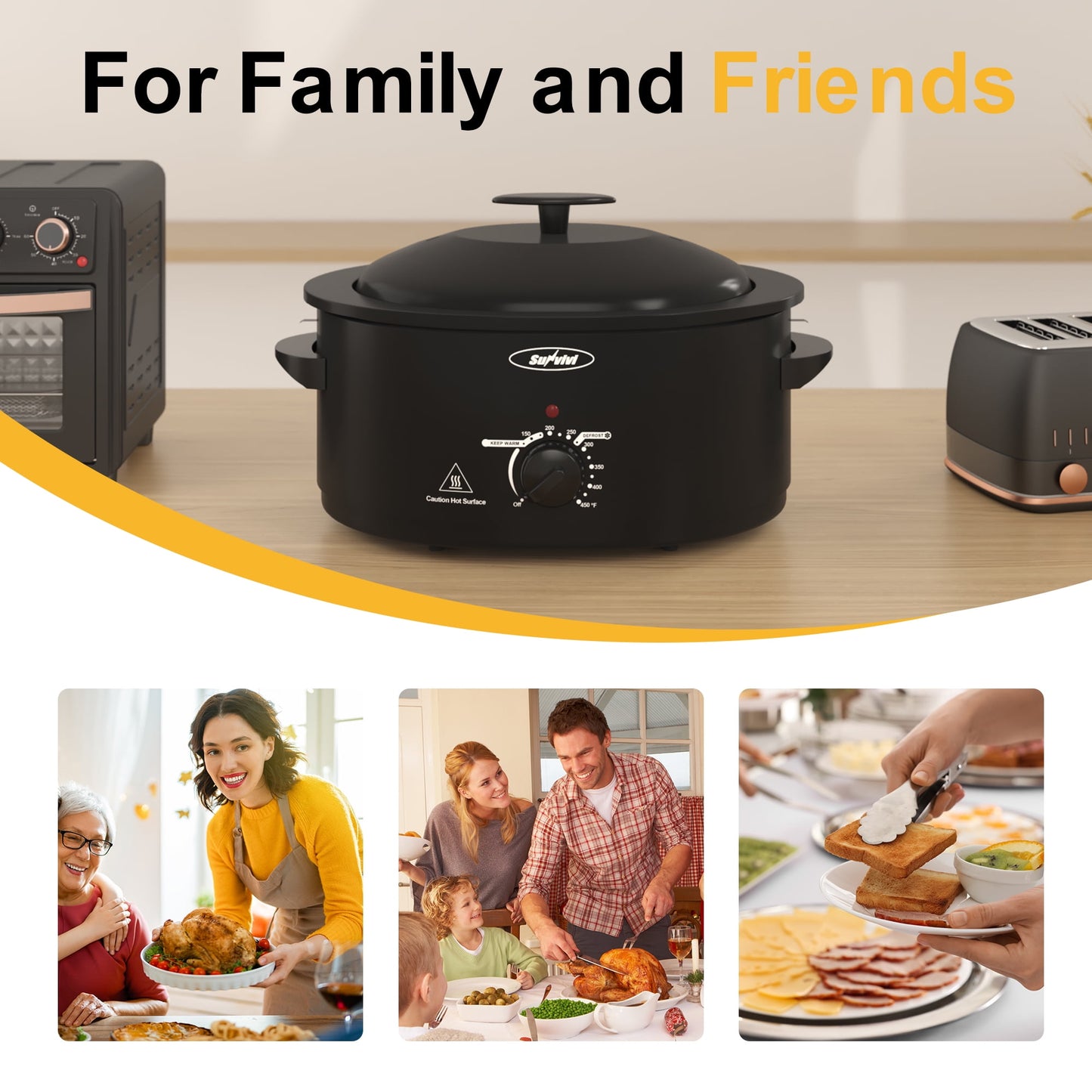 Superjoe 8 QT Electric Roaster Oven with Self-Basting Lid, Turkey Roaster Oven with Defrost Warm Function, Removable Pan and Rack, Stainless Steel Black