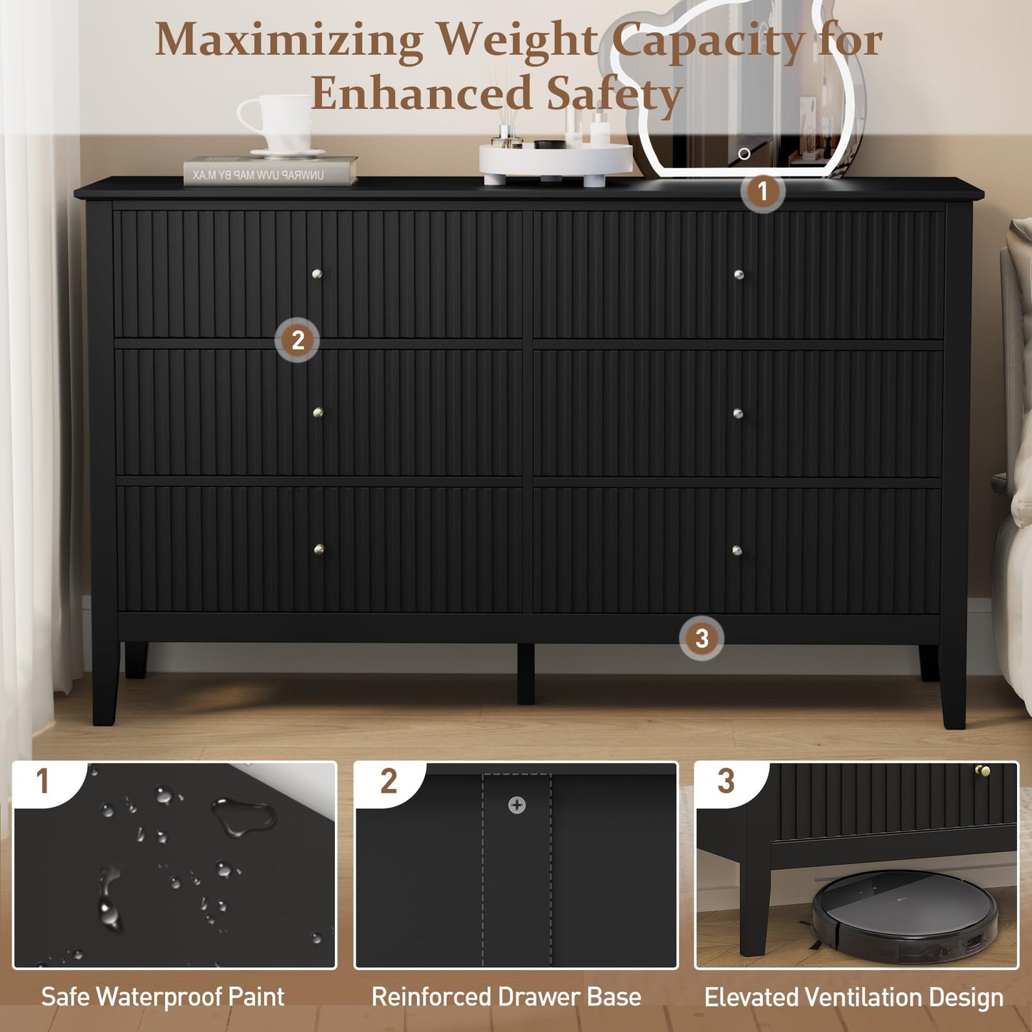 Black 6-Drawer Modern Wood Dresser, Fluted Chest with Ball Bearing Slide, Bedroom or Living Room Storage