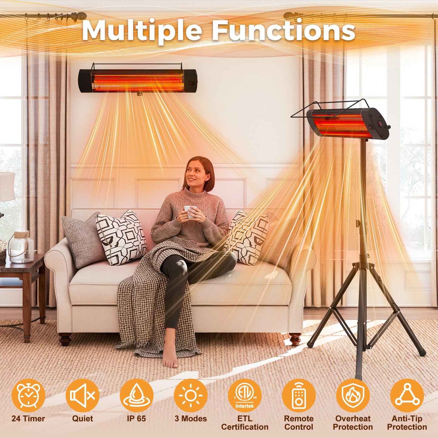 Outdoor 1500W Patio Heater, Electric Outdoor Heater with 24H Timer, IP65 Waterproof, Wall Mounted/Ceiling/Tripod Infrared Heater Outdoor, Electric Infrared Heater for Garage, Backyard, Porch