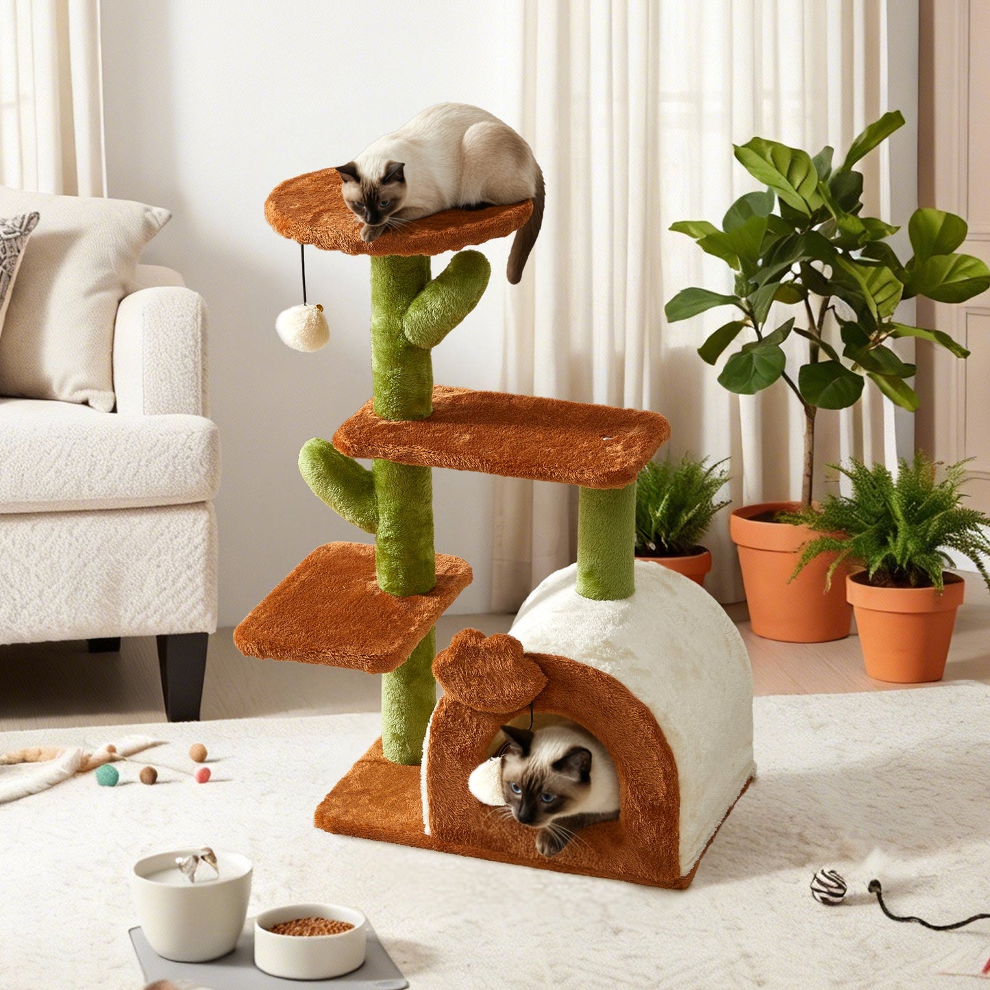 Cactus Cat Tree for Indoor Cats with Cozy Condo Wide Top Perch Multi-Level Jumping and Lounging Space 27.5inch Plush, Brown