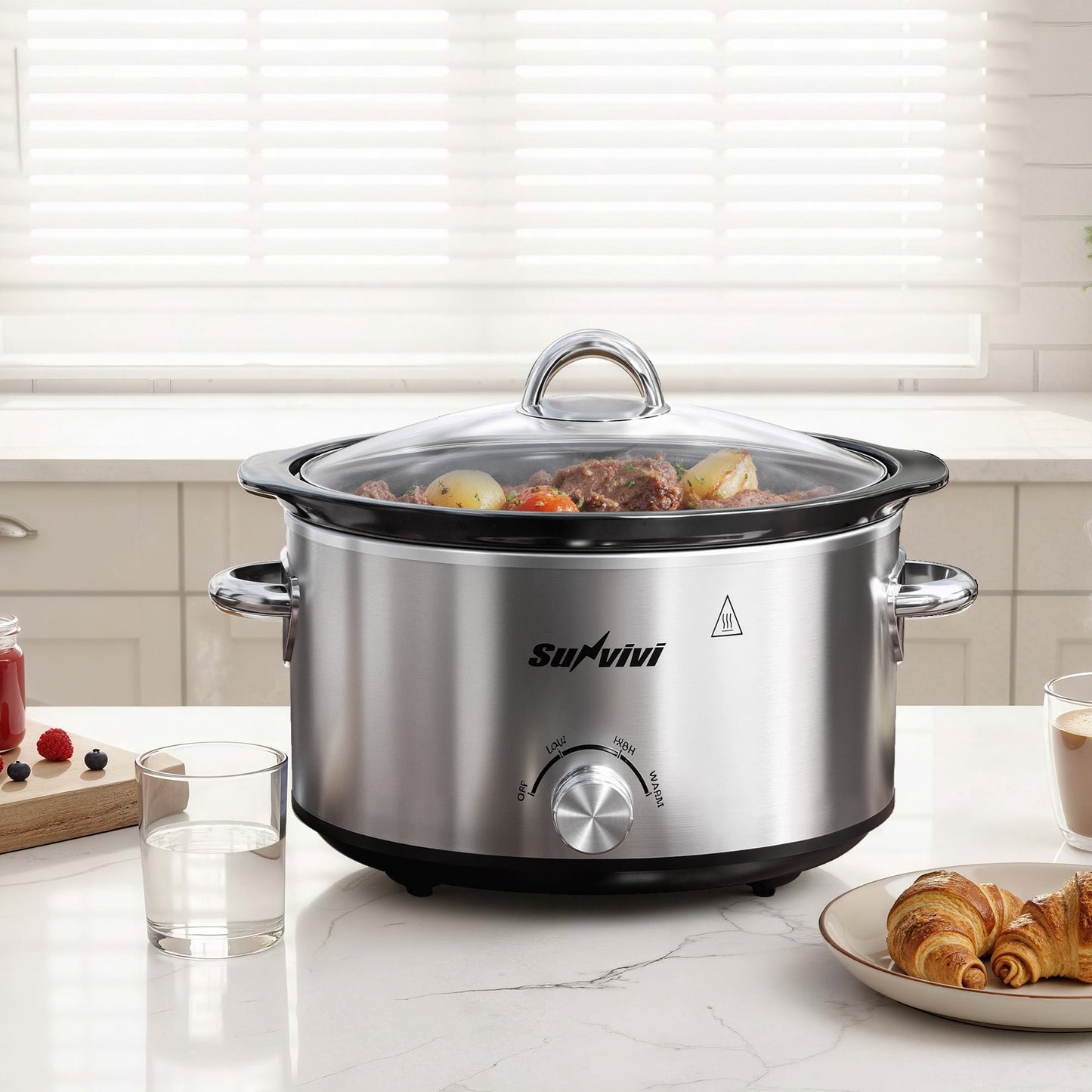 SUNVIVI Small Slow Cooker 4QT, Mini Food Warmer with 3 Heating Settings, Removable Ceramic Pot, Dishwasher Safe Glass Lid, Stainless Steel