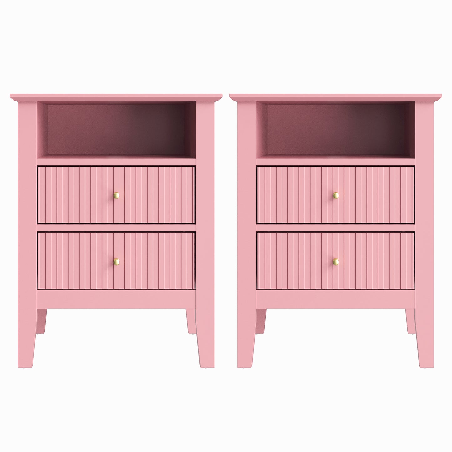 May in Color Pink Fluted Nightstand with 2 Drawers Set of 2, Modern Wooden Sofa Table with Storage for Small Spaces, Tall End Table for Bedroom,Living Room, Couch Coffee Table