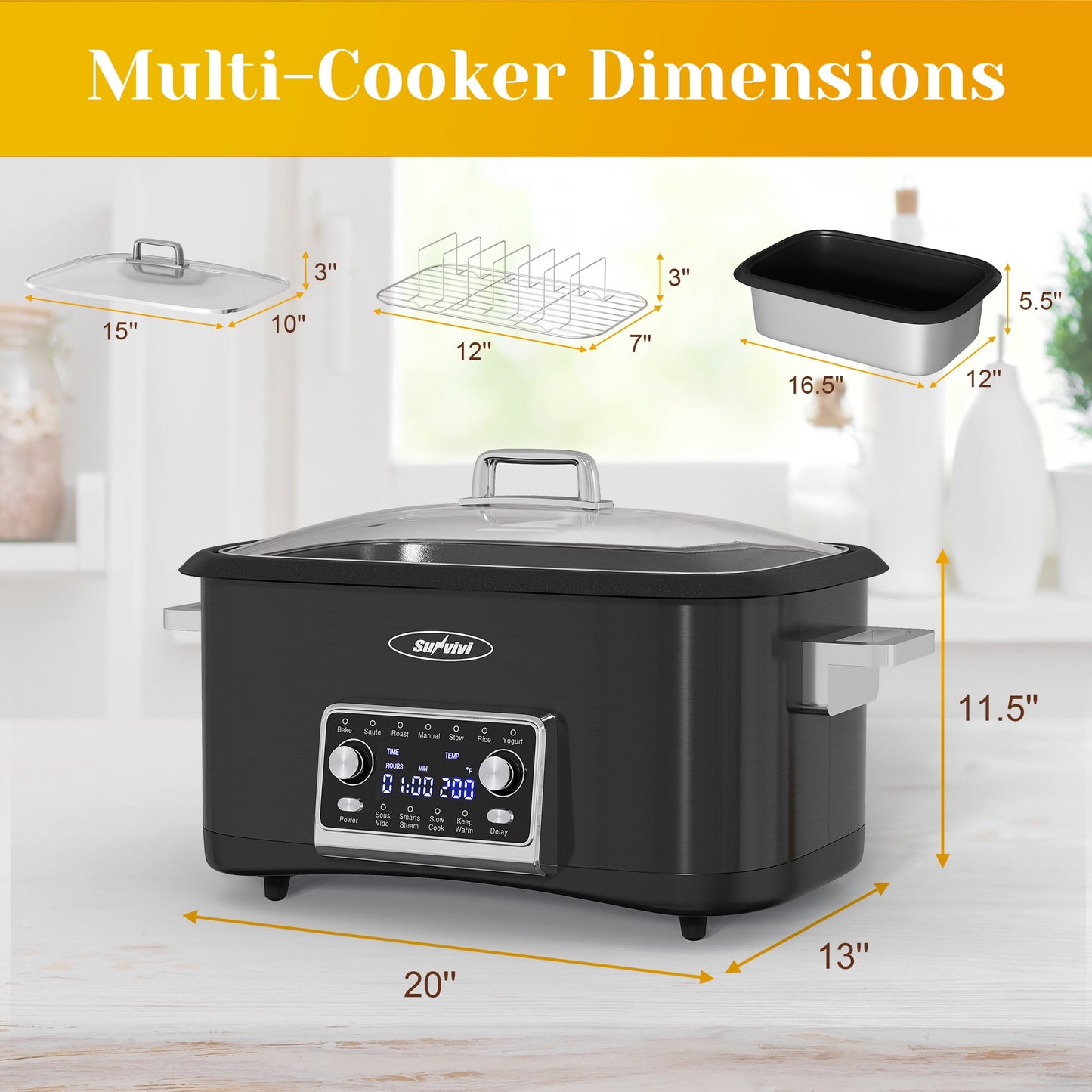 Heynemo 8QT 12-in-1 Programmable Slow Cooker, Multi-Cooker with Timer, Temperature Control, Removable Non-Stick Pot & Dishwasher-Safe Glass Lid, Black