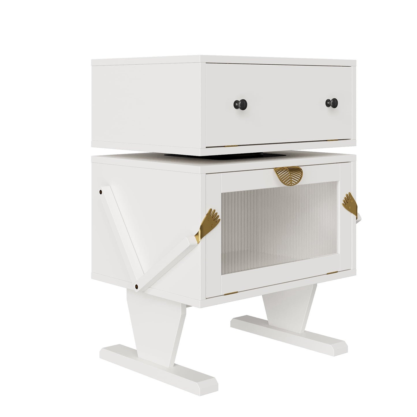 Heynemo White Nightstand with LED Light Strips 360¡ã Rotating Drawer, Modern End Table with Glass Door Storage, Wood Bedside Table Cabinet for Living Room, Bedroom