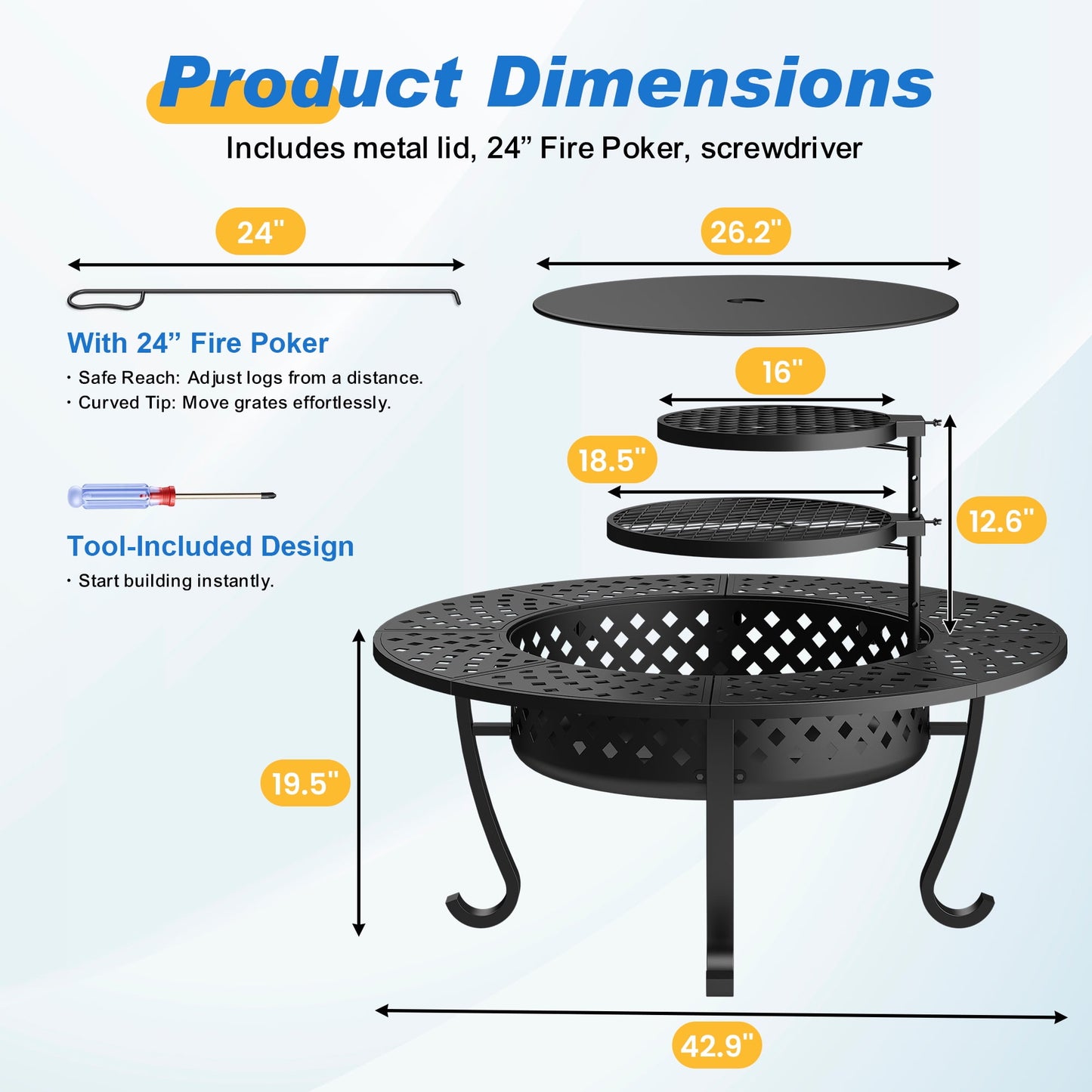 Heynemo 3 in 1 Outdoor Fire Pit for BBQs, Bonfire, Picnic, Wood Burning Fireplace with 2 Grill, Lid, and Fire Poker, 43'' Metal Round Table for Patio, Garden, Backyard