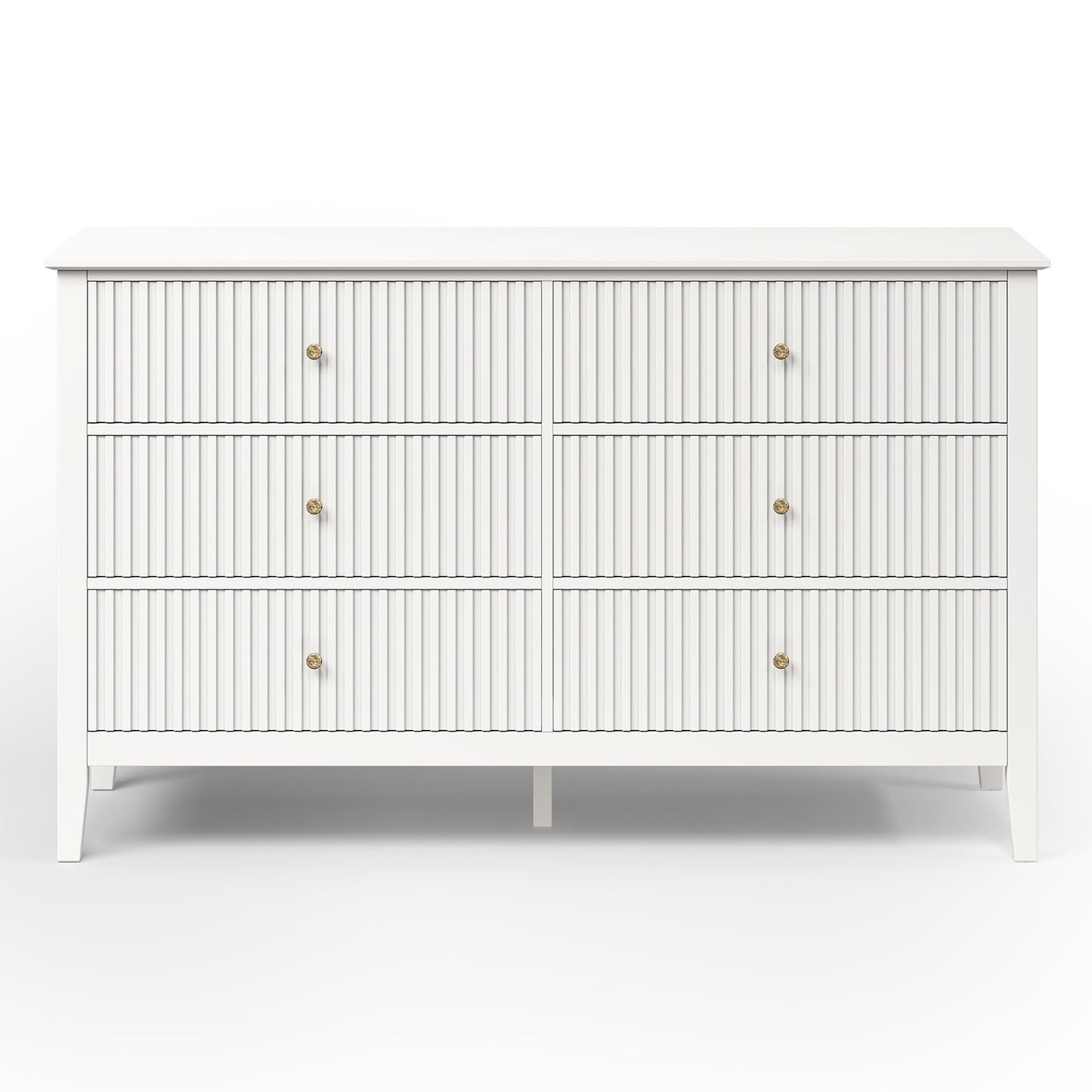 May in Color Fluted 6 Drawer Dresser, Wide Modern Chest of Drawers, Large Wood Storage Cabinet Organizer for Bedroom, Living Room, Hallway, Entryway, White