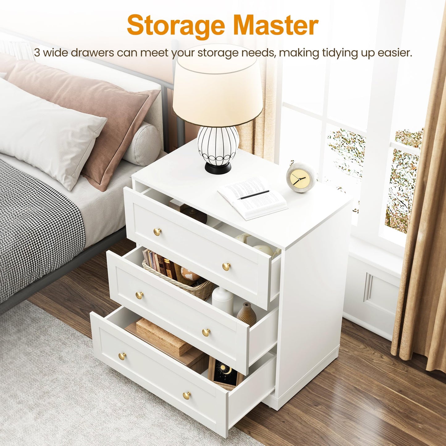 May in Color White 3 Drawer Dresser Set of 2, Modern Chest of Drawers with Gold Dresser Knobs, for Bedroom, Hallway, Closets, Living Room