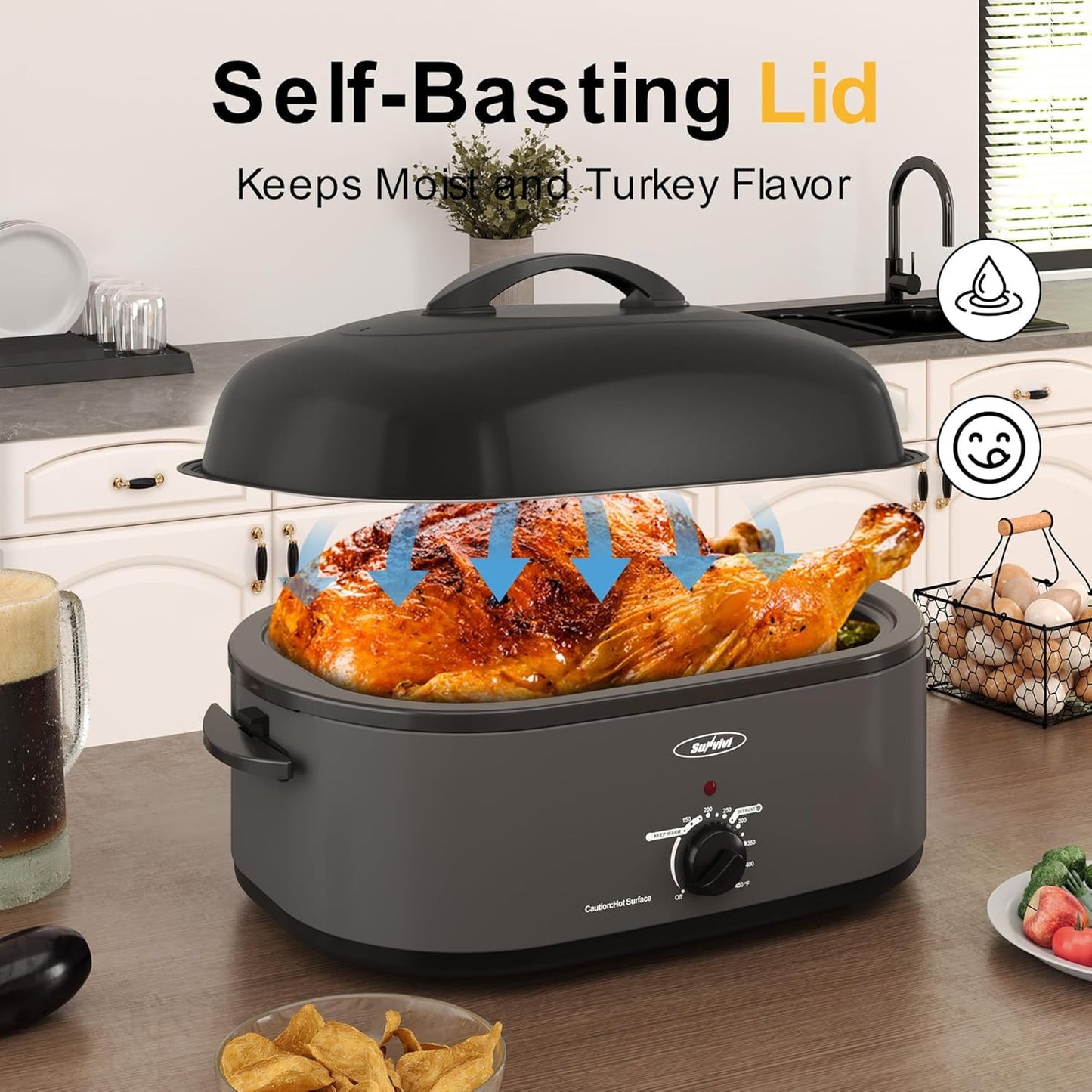 Superjoe 20 QT Electric Roaster Oven, Stainless Steel Self-Basting Lid Removable Pan, Grey