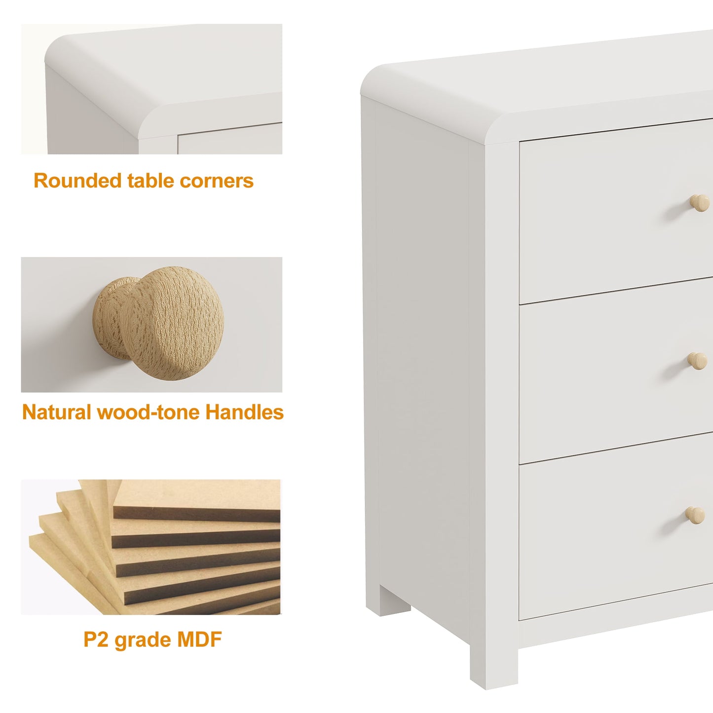 May in Color Modern 6-Drawer Chest of Drawers, with Rounded Corners, White, 47 in