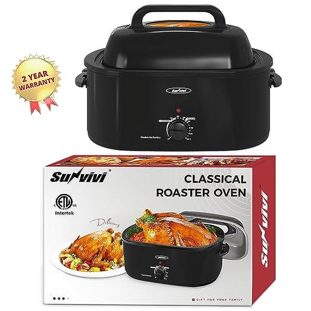 Sunvivi 24 Quart Electric Turkey Roaster Oven with Visible Glass Lid,Removable Pan & Rack, Stainless Steel, Black