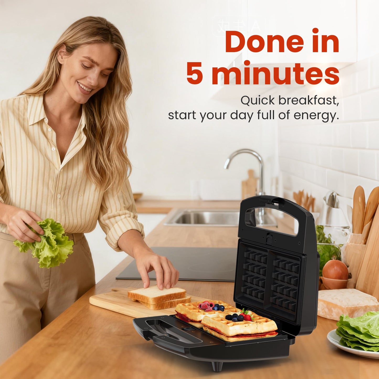 Sunvivi 3-in-1 Electric Sandwich Maker & Waffle Grill, 800W Panini Press with Non-Stick Removable Plates & Tempered Glass Top, Cool Touch Handle, Black