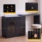 May in Color Black Extendable Vanity with LED Lights, Rotatable L?Shaped Makeup Vanity Desk, 5 Drawers & Arched Glass Cabinet, Multi?Purpose Desk for Working, Studying, Drawing, Sewing, Nail Care