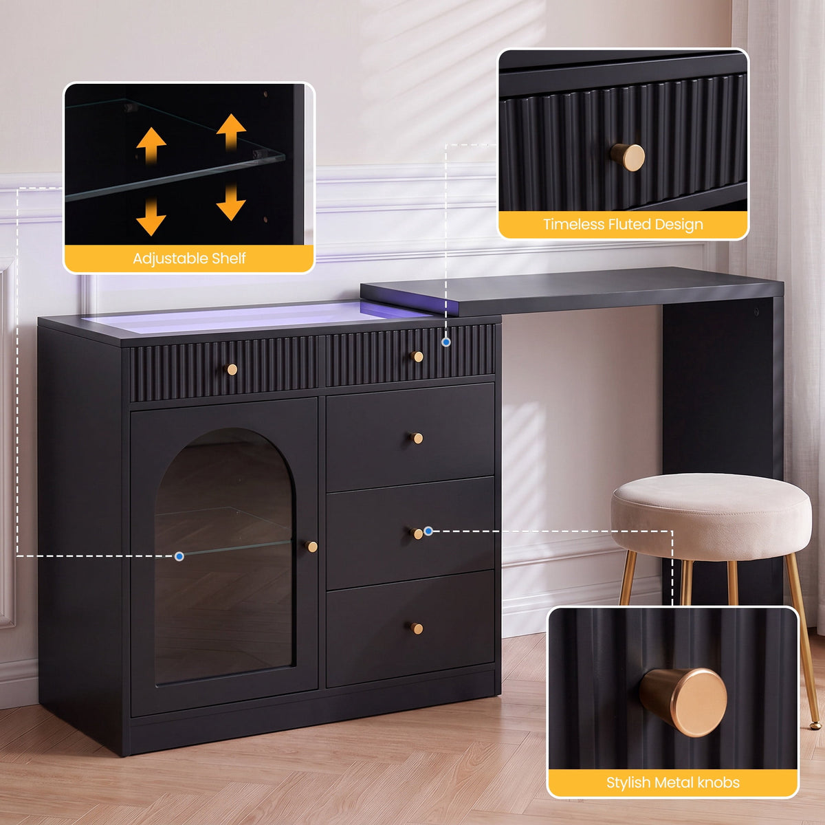 May in Color Black Extendable Vanity with LED Lights, Rotatable L?Shaped Makeup Vanity Desk, 5 Drawers & Arched Glass Cabinet, Multi?Purpose Desk for Working, Studying, Drawing, Sewing, Nail Care