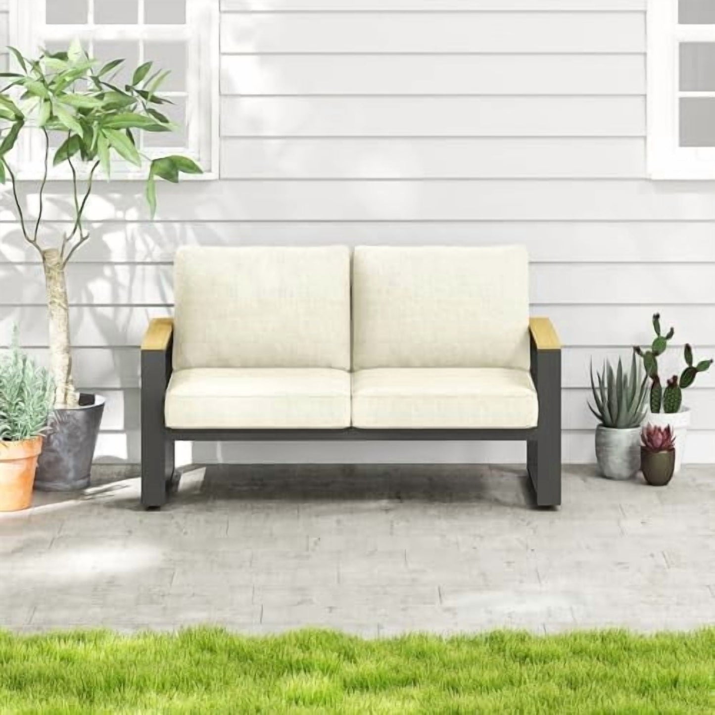 Mayincolor Aluminum Outdoor Armchair, 2 Pieces All-Weather Metal Patio Single Sofa, Patio Conversation Set for Porch Backyard Garden, Beige